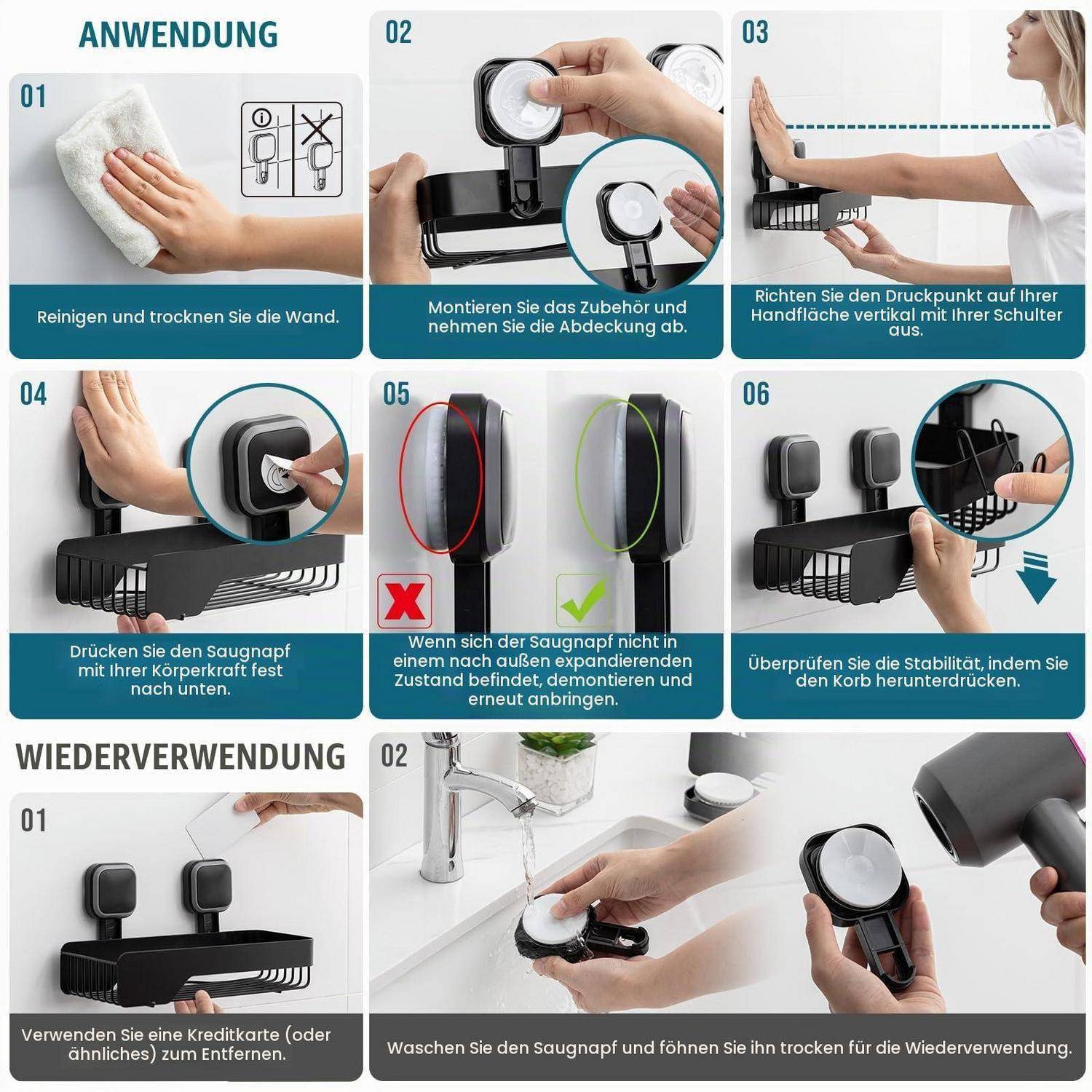Anleitung zum Installieren und Wiederverwenden eines Saugnapf-Wandkorbs: Wand reinigen, Zubehör montieren, ausrichten, fest drücken, Stabilität überprüfen und nach dem Waschen und Trocknen der Saugnäpfe erneut anbringen.