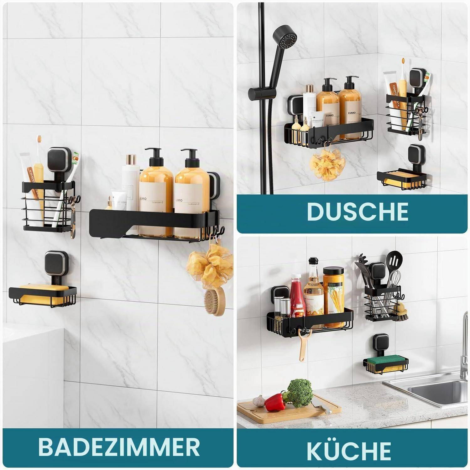 Collage von wandmontierten Lagerfächern im Badezimmer, Dusche und Küche, zeigt schwarze Organizer, die Toilettenartikel und Reinigungsmittel halten.