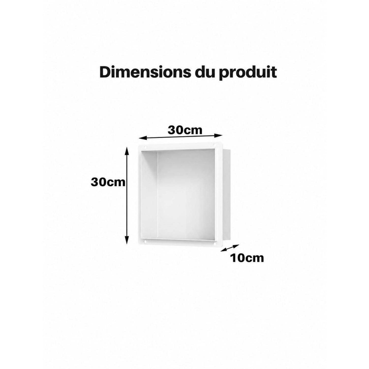 Produktabmessungen-Diagramm, das ein weißes quadratisches Wandregal zeigt: 30 cm breit, 30 cm hoch und 10 cm tief.