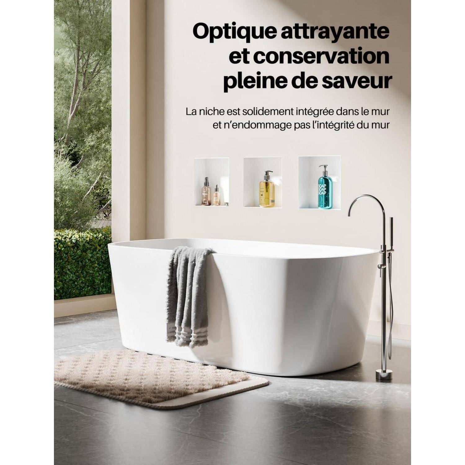 Modernes Badezimmer mit freistehender weißer Badewanne und Wandnischen; französischer Text lautet „Ästhetischer Reiz und Platzersparnis" und vermerkt, dass die Nische die Wandintegrität bewahrt.