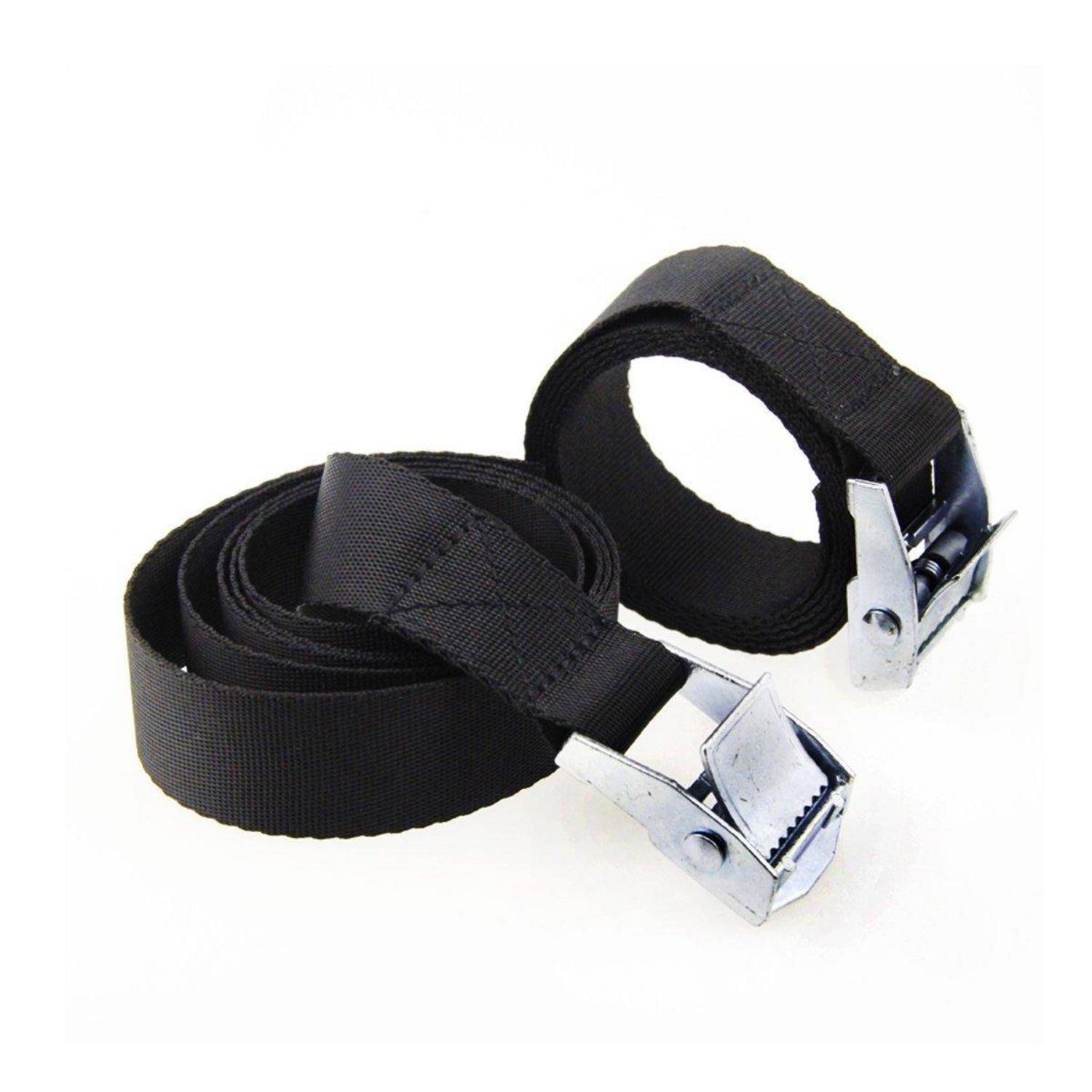 Zwei schwarze Nylon-Spannriemen mit silbernen Metallschnallen, aufgerollt auf weißem Hintergrund.