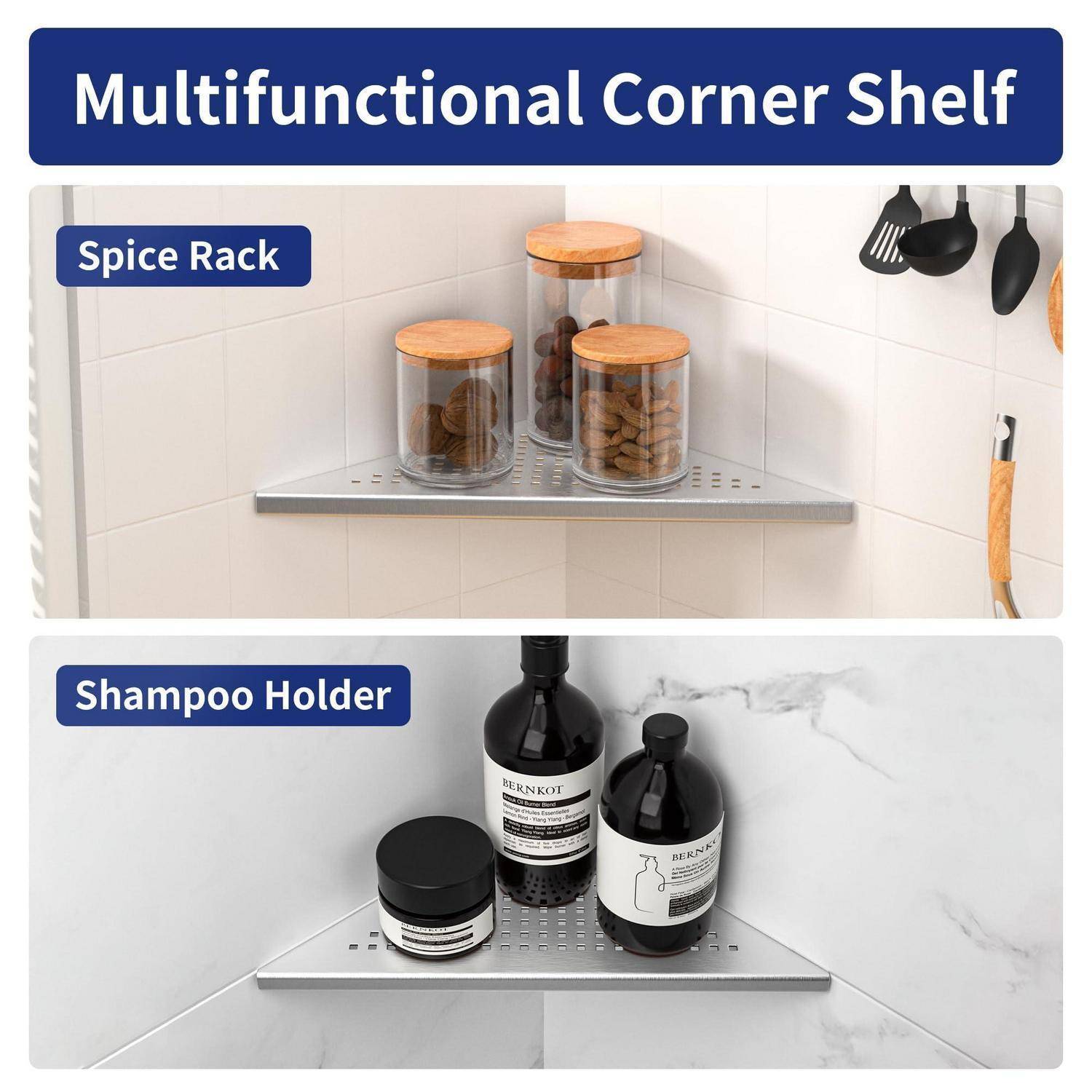 Multifunktionales Eckregal in einer Küche oder im Badezimmer, dargestellt als Gewürzregal mit Gläsern und als Shampoo-Halter mit Flaschen und einem Glas.