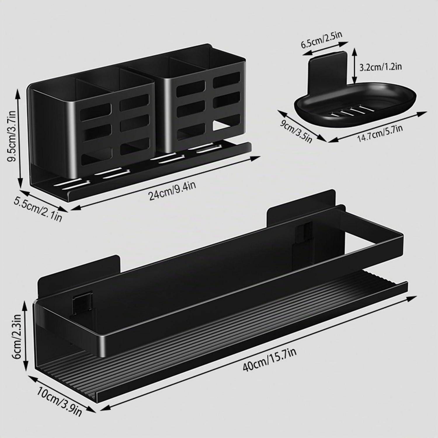 Schwarzer, wandmontierter Badezimmerorganizer, shown in three sizes, with dimensions labeled in cm and inches.