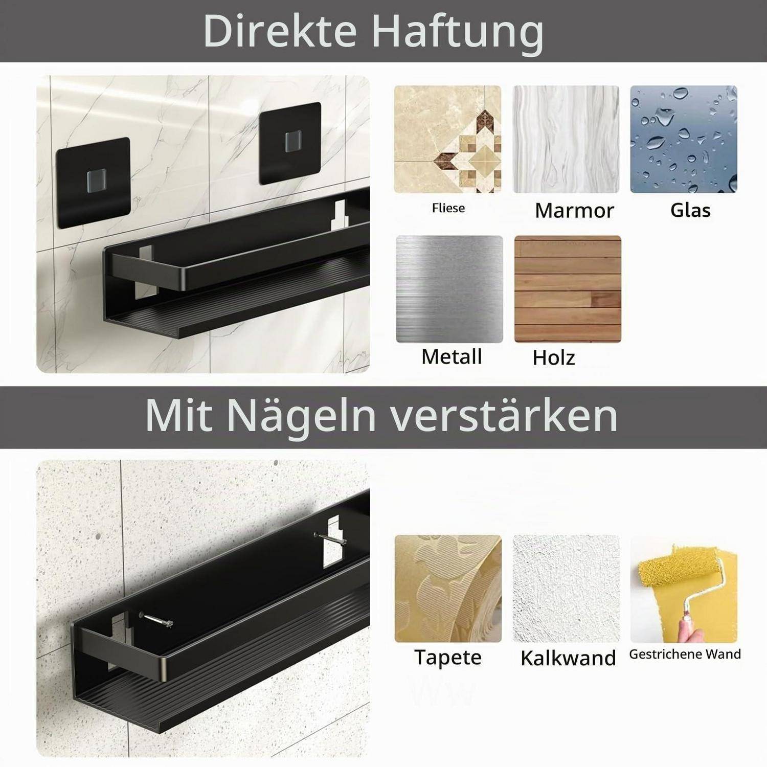 Installationsanleitung für ein Wandregal: Direkte Montage auf Fliesen, Marmor, Glas, Metall oder Holz; mit Nägeln für Tapeten, Strukturputz oder gestrichene Wände.
