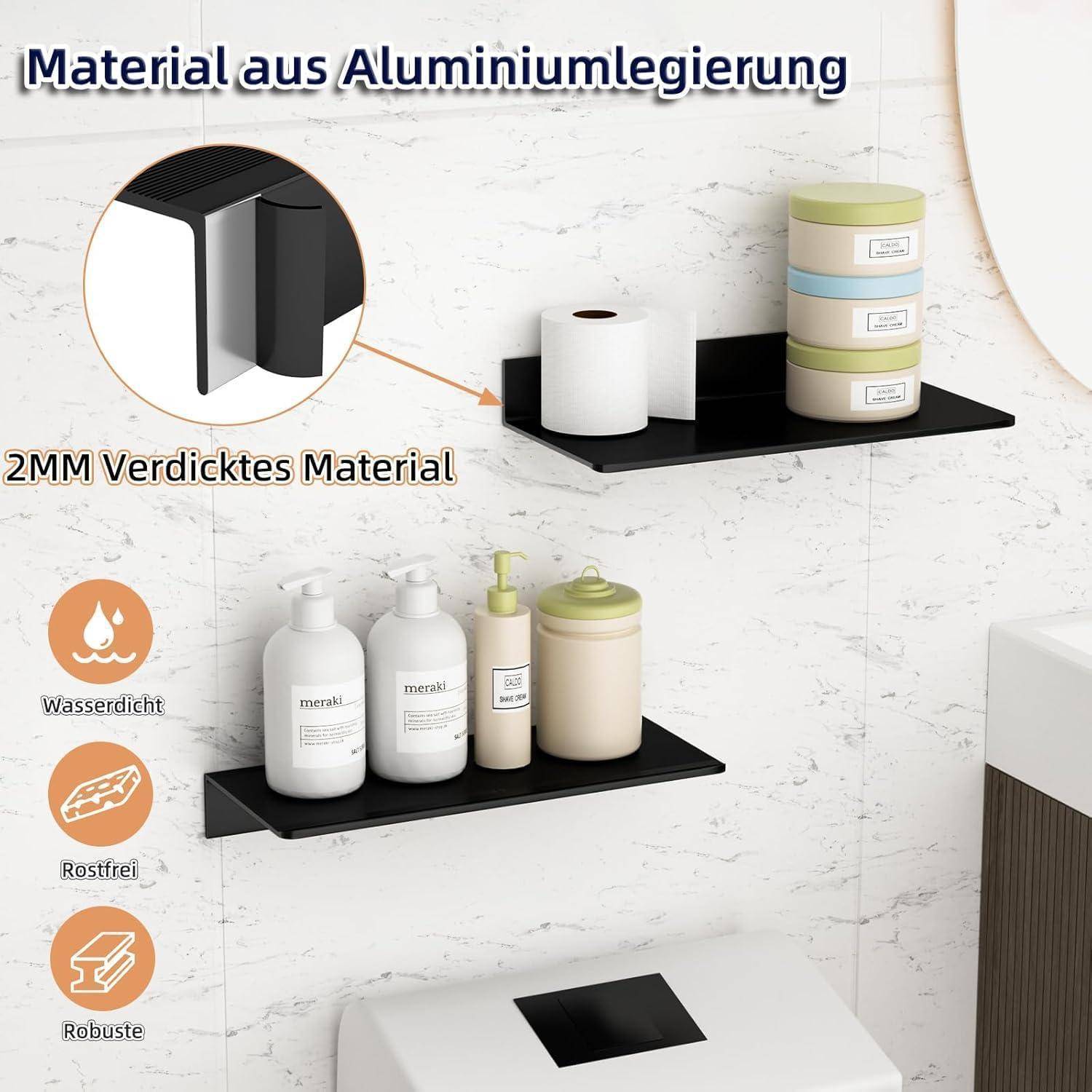 Produktbild von schwarzen wandmontierten Badezimmerkonsolen aus Aluminiumlegierung mit 2 mm starkem Material, das wasserdicht, rostfrei und stabil wirkende Eigenschaften zeigt.