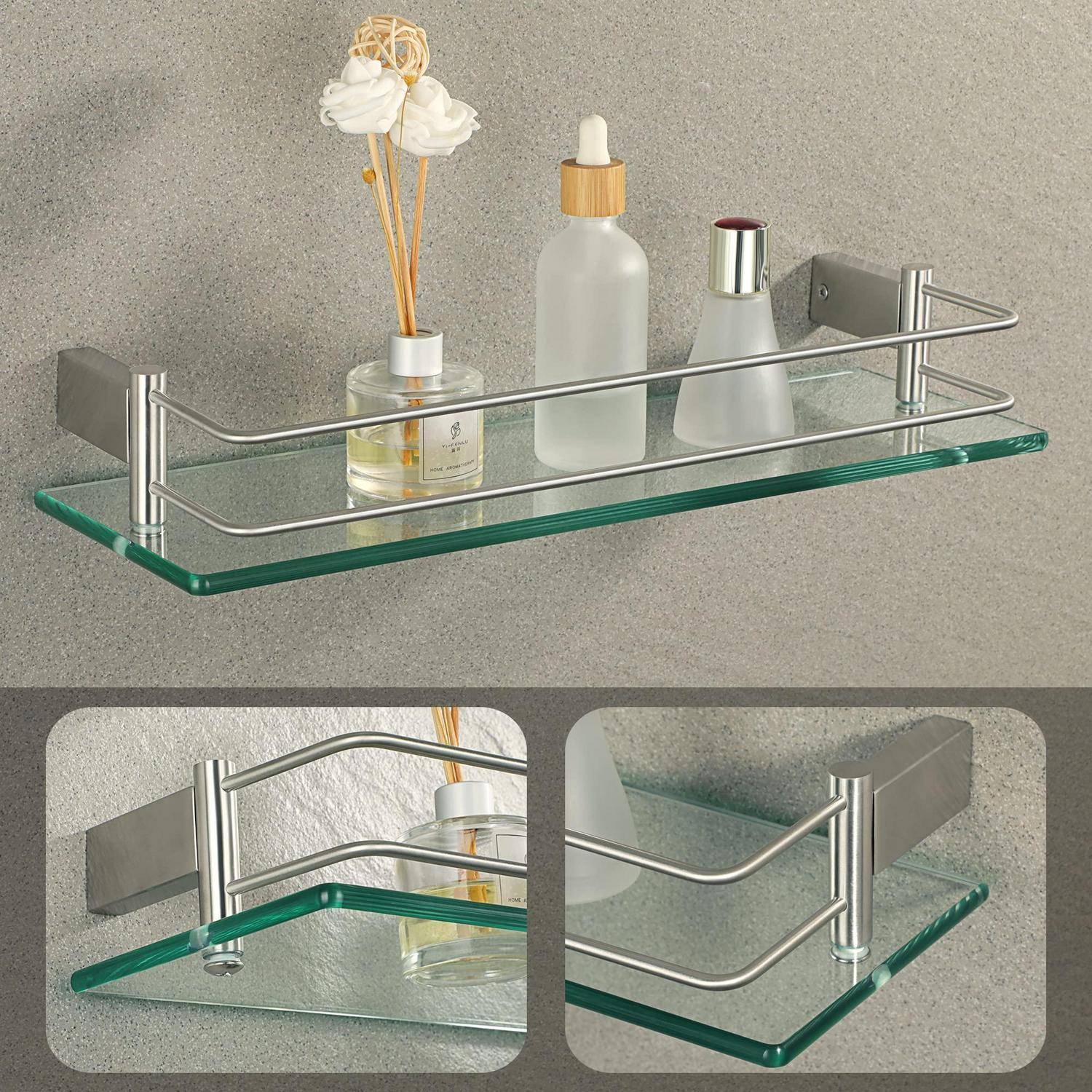 Wandmontiertes Glasbadezimmerregal mit Metallschienen, gezeigt mit Flaschen und einem Raumduft-Diffusor, sowie Nahaufnahmen der Halterungsstützen.