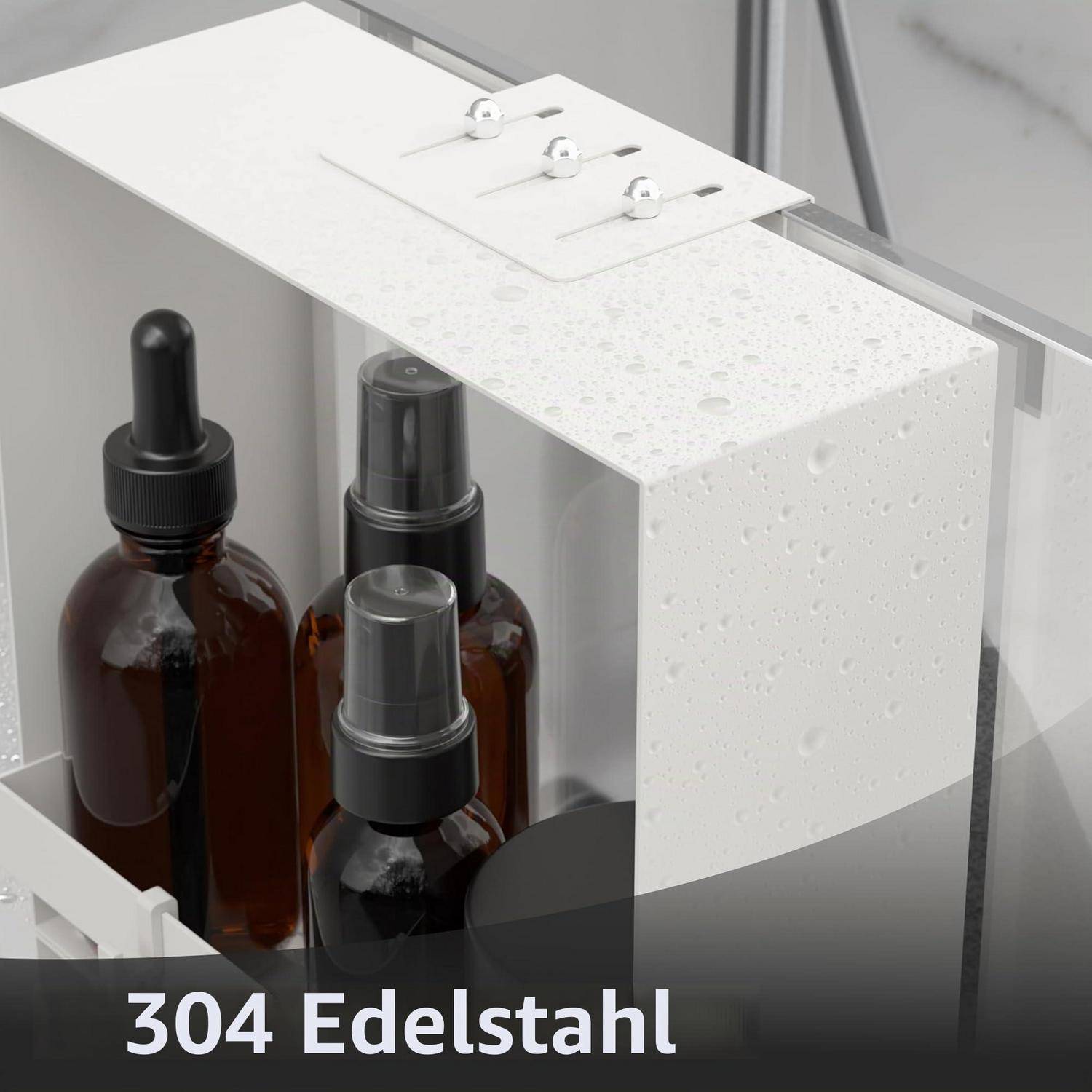 Drei Bernstein-Tropfflaschen und eine Sprühflasche in einem weißen Edelstahl-Lagerregal mit der Aufschrift „304 Edelstahl".