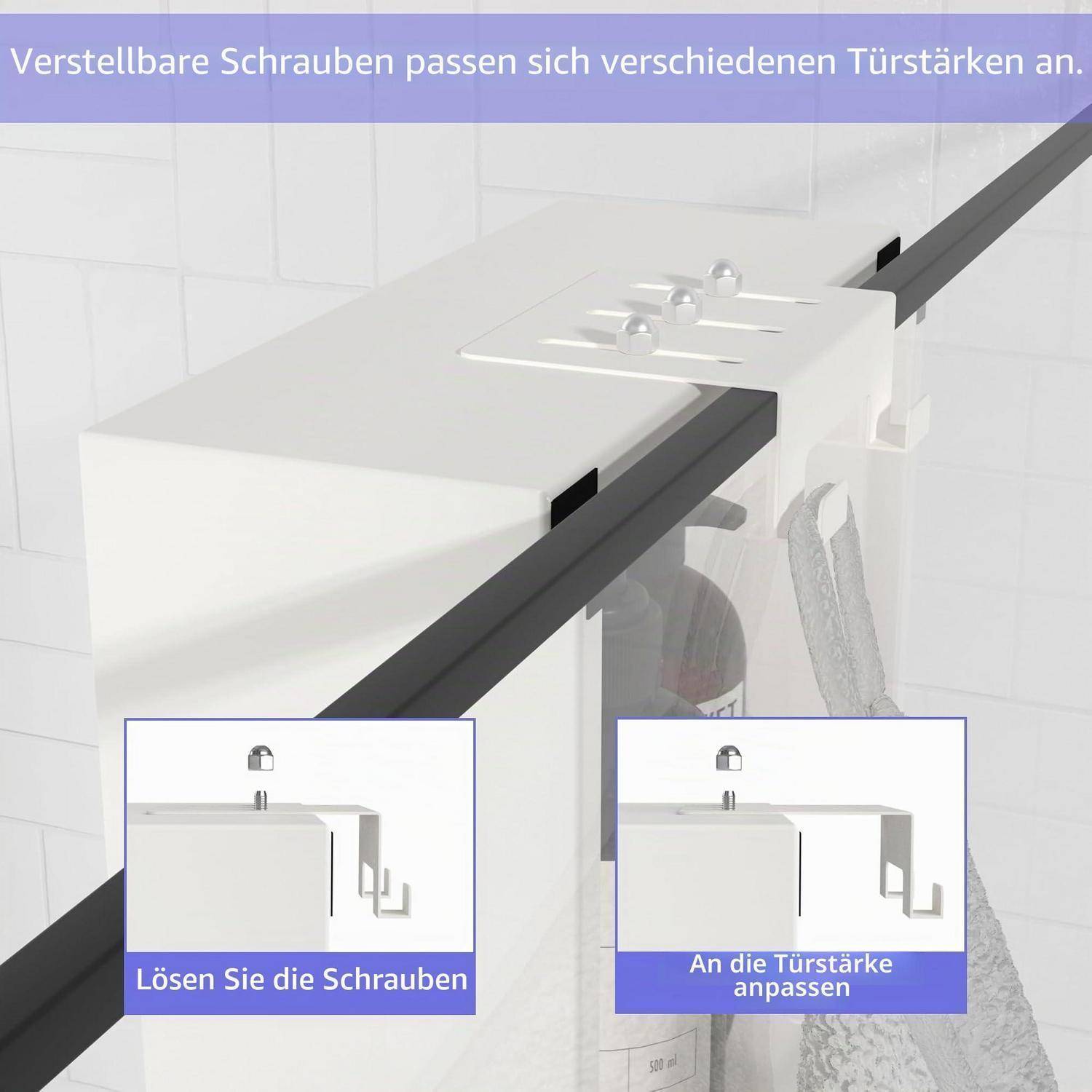 Illustration verstellbarer Schrauben zum Anpassen an verschiedene Türstärken, mit Schrittbildern mit den Beschriftungen 'Lösen Sie die Schrauben' und 'An die Türstärke anpassen'.