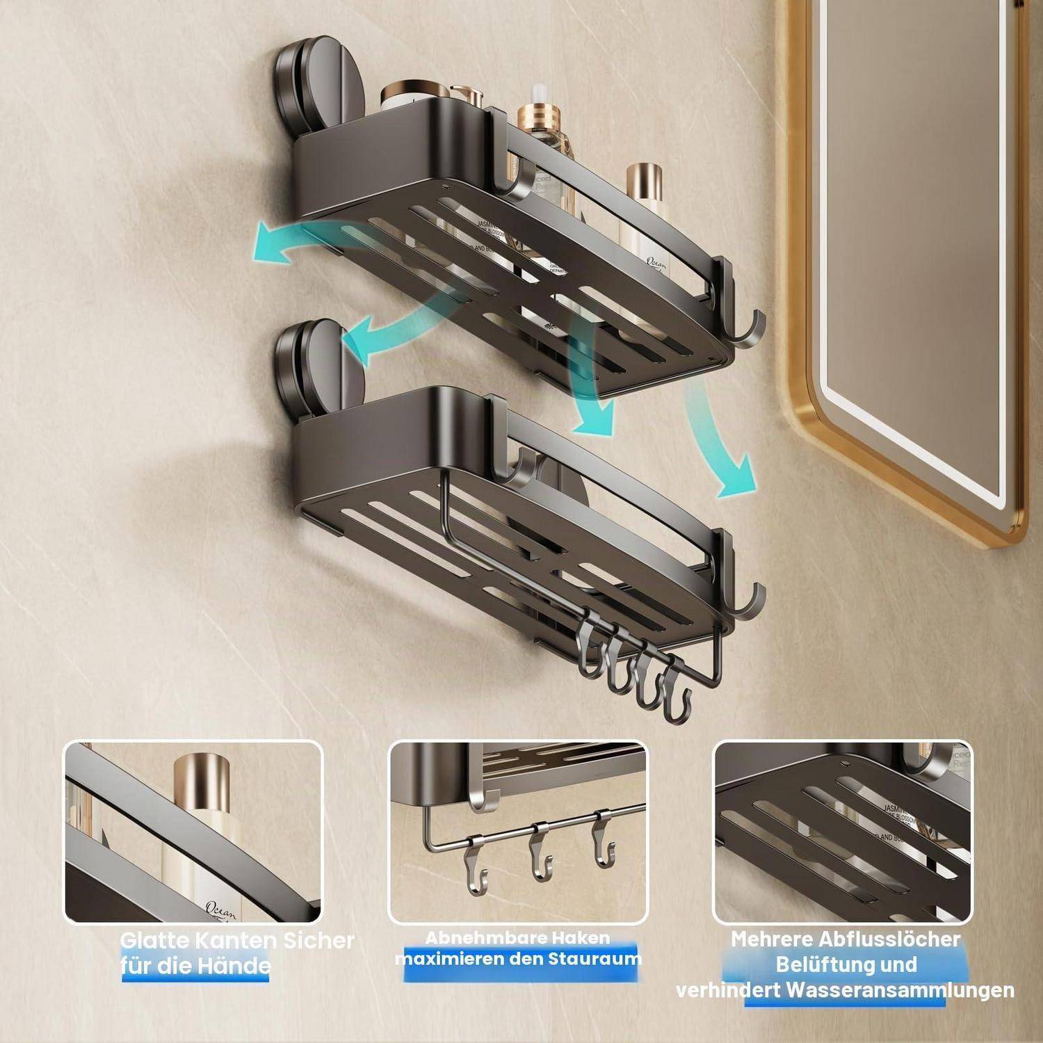 Wandmontierte schwarze Metallbadezimmerkonsolen mit Entwässerungsschlitzen und abnehmbaren Haken, dargestellt mit Pfeilen, die die verstellbare Platzierung und platzsparende Lagerung hervorheben.