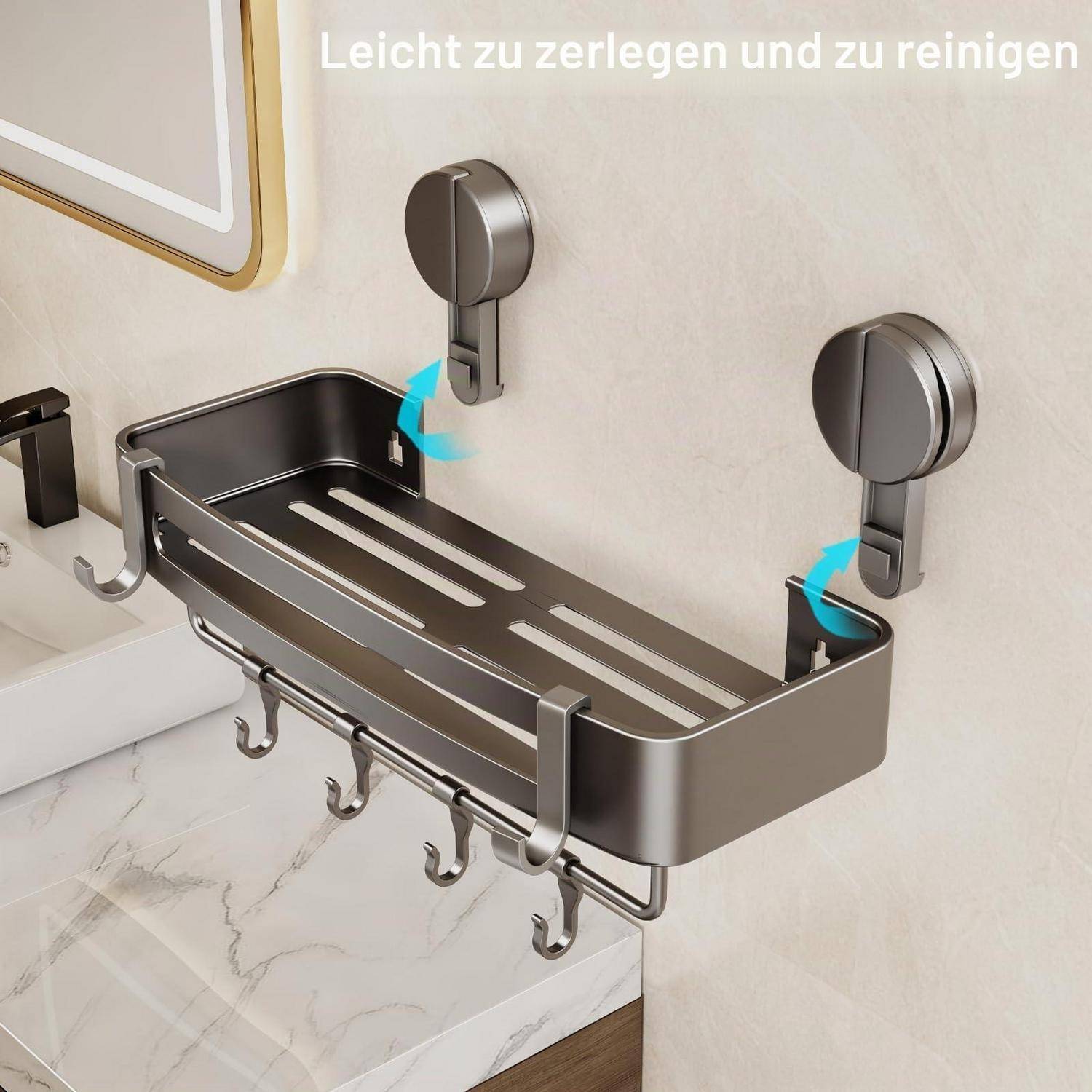 Wandmontiertes Badezimmer-Organizer-Regal mit Haken, das leicht zur Reinigung entfernt werden kann; Text sagt „Leicht zu zerlegen und zu reinigen".