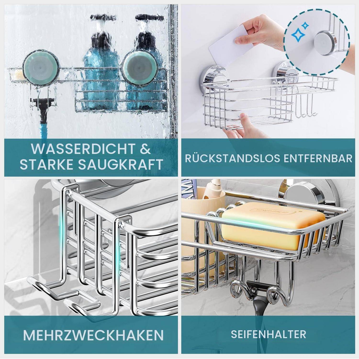 Collage mit verchromten Saughaken für Badezimmer/Küche, wasserbeständig, rückstandsfrei abnehmbar, vielseitig einsetzbar und als Seifenhalter.