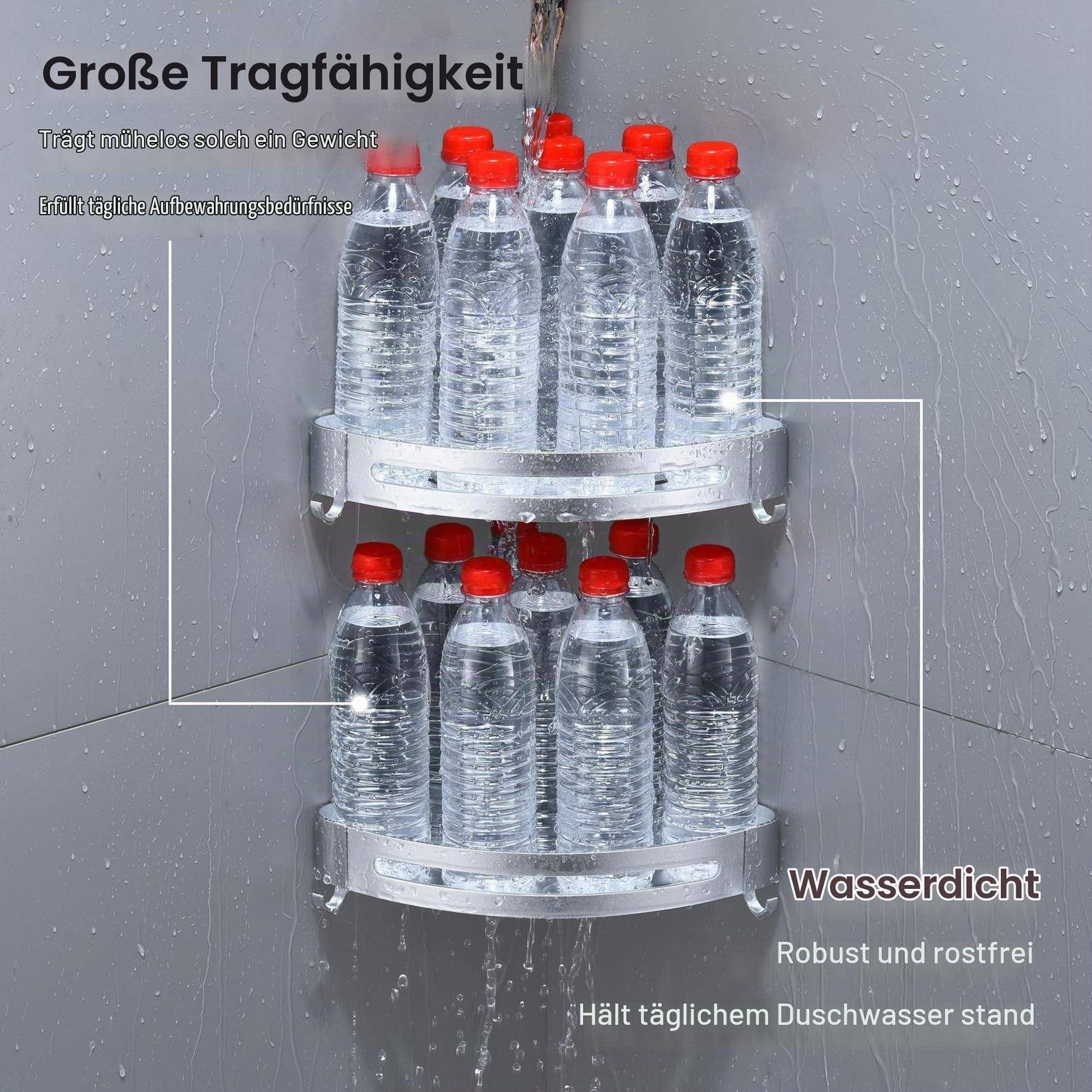 Zwei an der Wand montierte runde Metallregale halten mehrere Wasserflaschen; deutscher Text hebt hohe Tragfähigkeit, Wasserdichtheit und Rostbeständigkeit hervor.