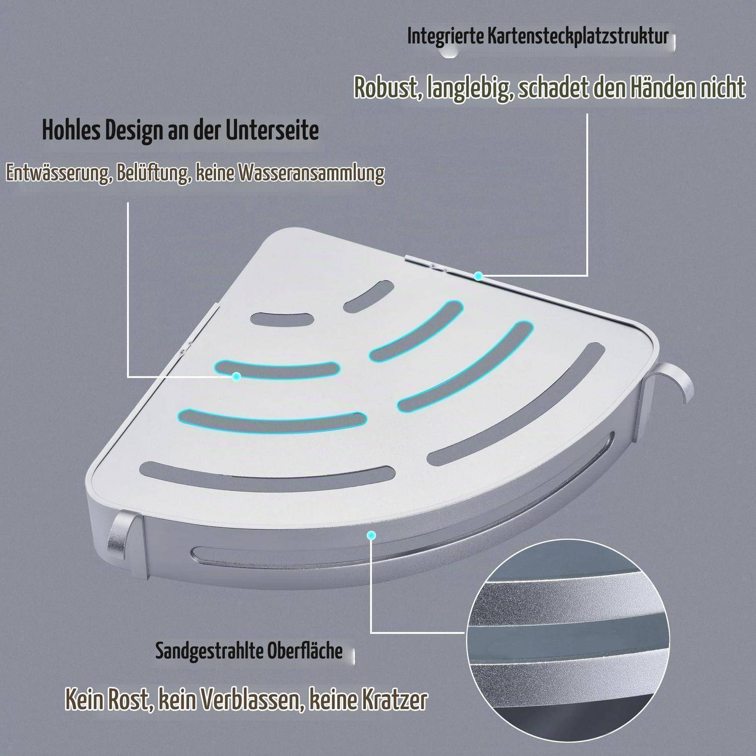 Diagramm eines Eckregals mit den folgenden Merkmalen: hohle Unterseite für Entwässerung und Belüftung, integrierte Kartenschlitzstruktur und sandgestrahlte Oberfläche, die gegen Rost, Ausbleichen und Kratzer beständig ist.
