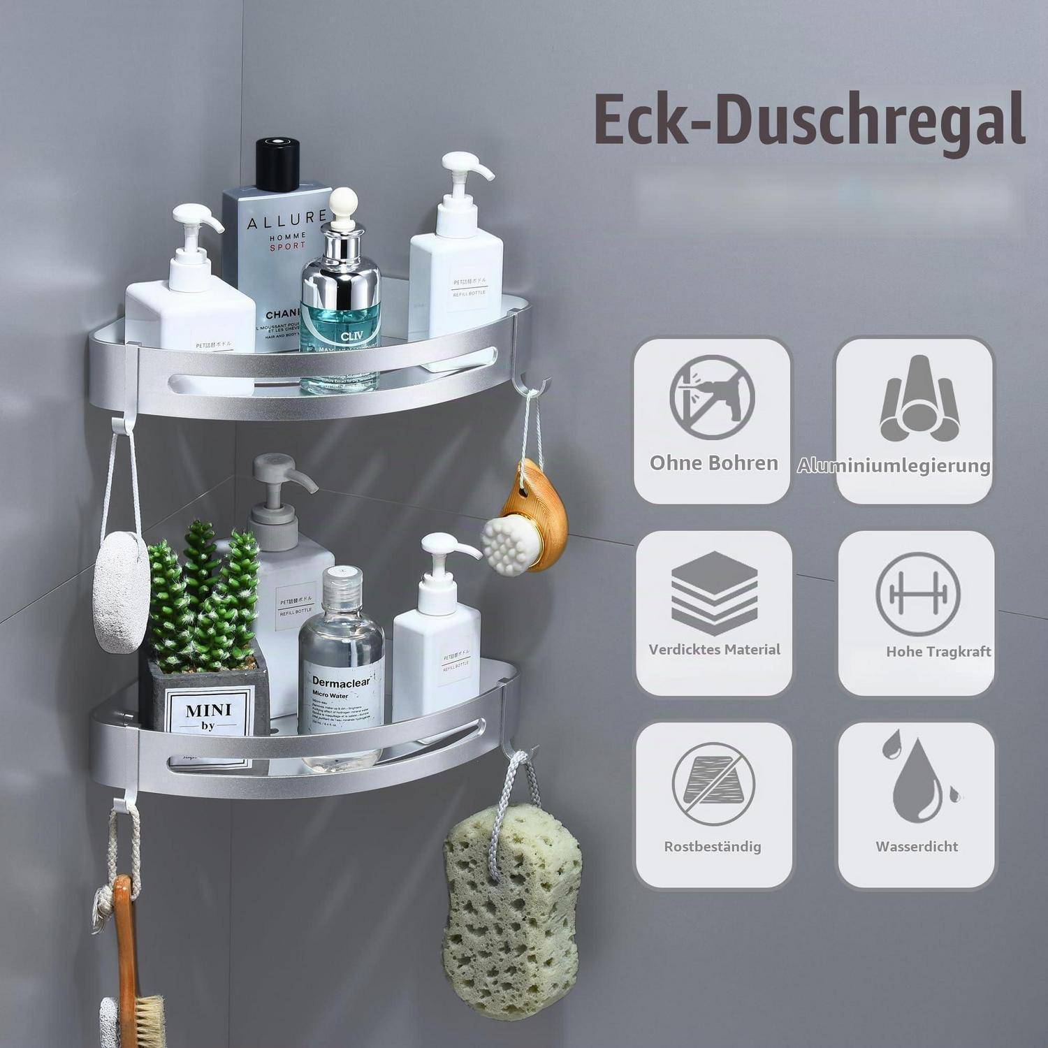 Silberne Eckduschablage mit zwei Ebenen für Toilettenartikel; Deutsche Etiketten heben die Merkmale Ohne Bohren, Aluminiumlegierung, Stark, Rostfrei und Wasserdicht hervor.