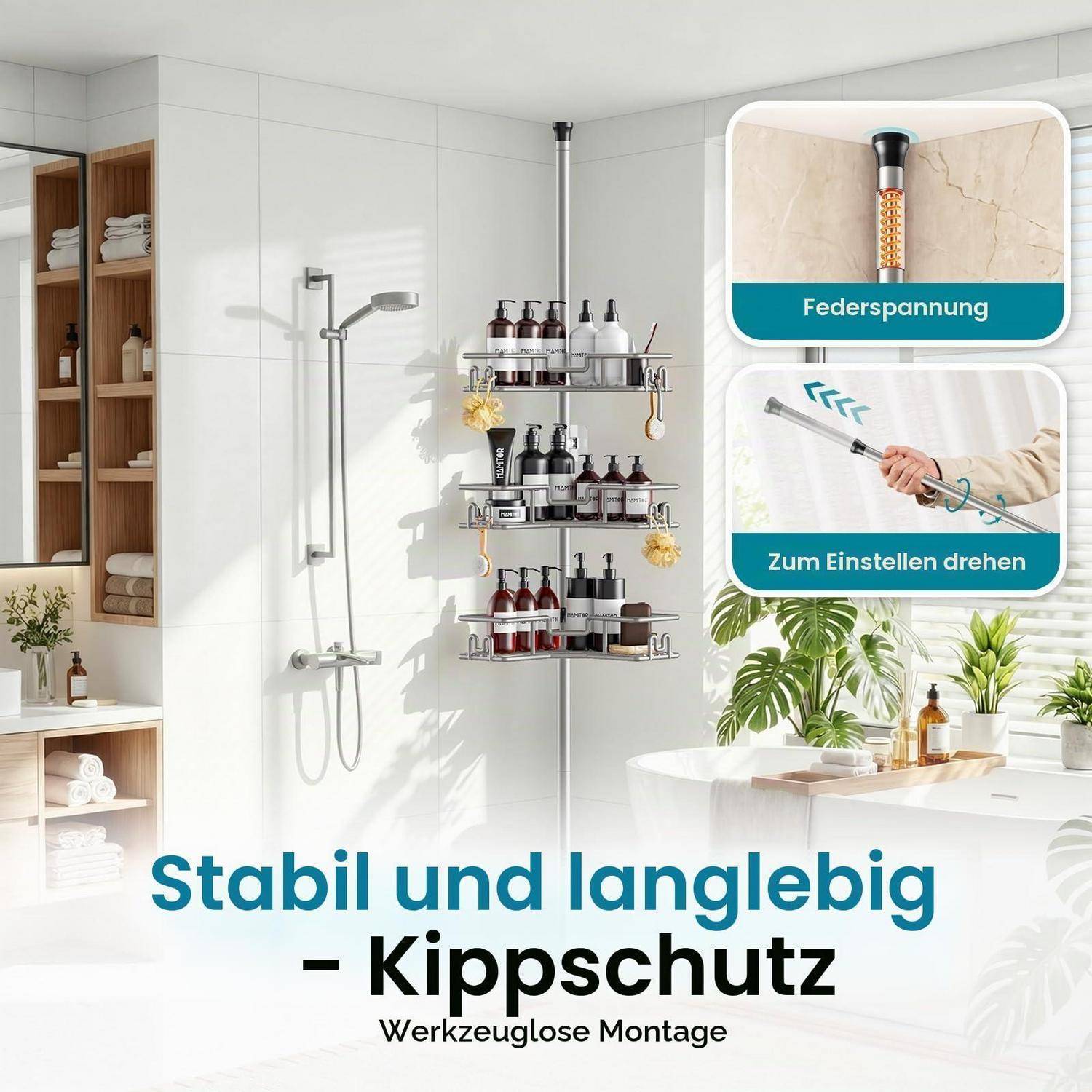 Badezimmer-Duschablage mit werkzeugfreier Montage und Kippschutz; eingeblendeter Text lautet „Federspannung" und „Zum Einstellen drehen"".