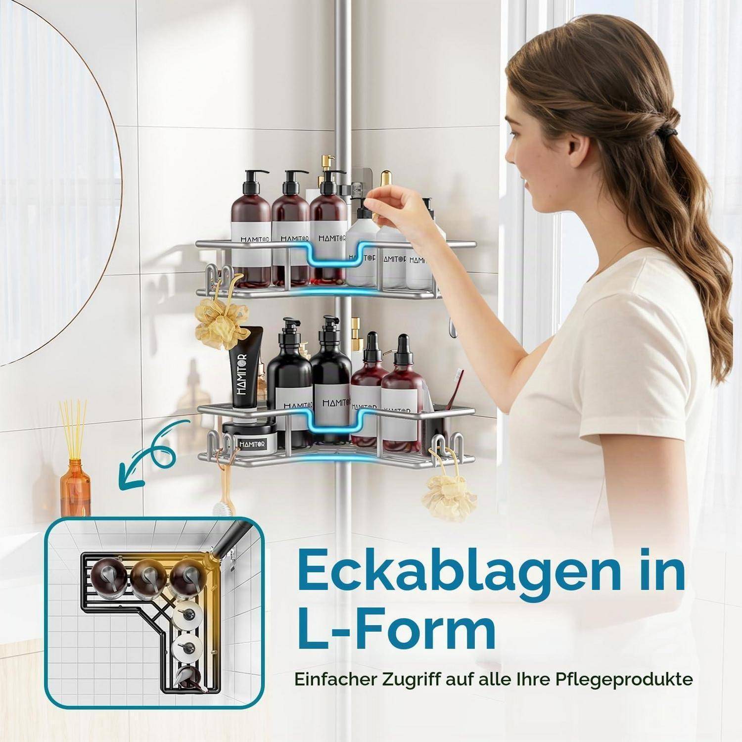 Frau ordnet Produkte auf einem 3-stöckigen Eckregal-Organizer für das Badezimmer an; die Vergrößerung zeigt das L-förmige Eckregal-Design. Der Text besagt „Eckablagen in L-Form" und „Einfacher Zugriff auf alle Ihre Pflegeprodukte"".