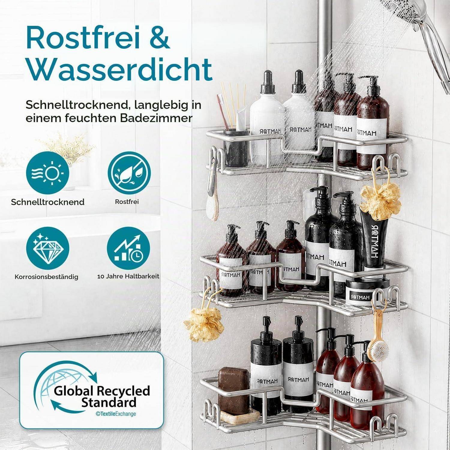 HAMITOR Teleskop-Duschregal ohne Bohren 4stufig Silbergrau 119-312cm