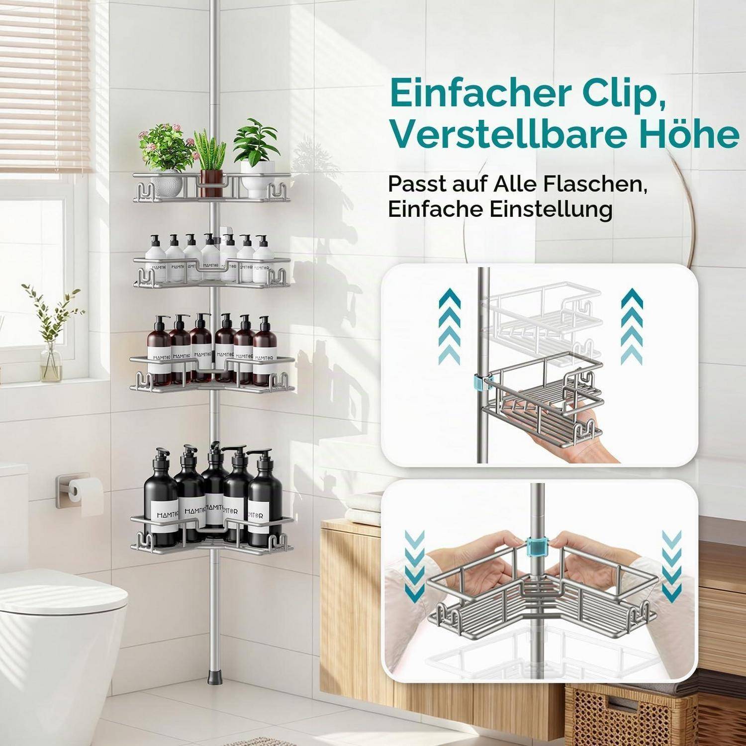 Verstellbarer Duschkorb aus Edelstahl an einer Spannstange im Badezimmer mit Regalen für Flaschen; Detailgrafiken zeigen einfache Höhenverstellung und Clip-Montage.
