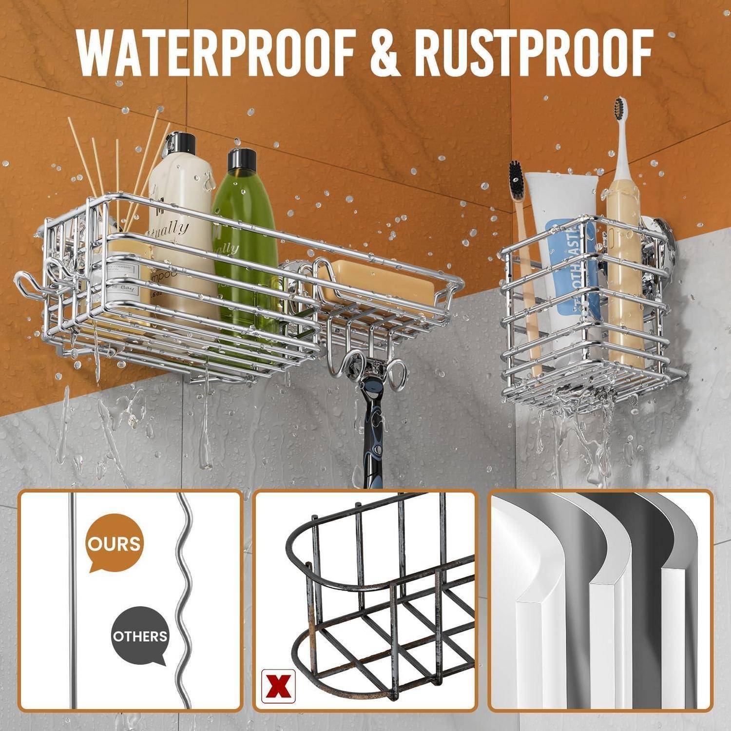 Wasserdichte, rostfreie Metall-Duschkörbe für Flaschen und Zahnbürsten, mit Vergleichsbildern, die die langlebige Oberfläche gegenüber Rostbildung und Abblätterung zeigen.