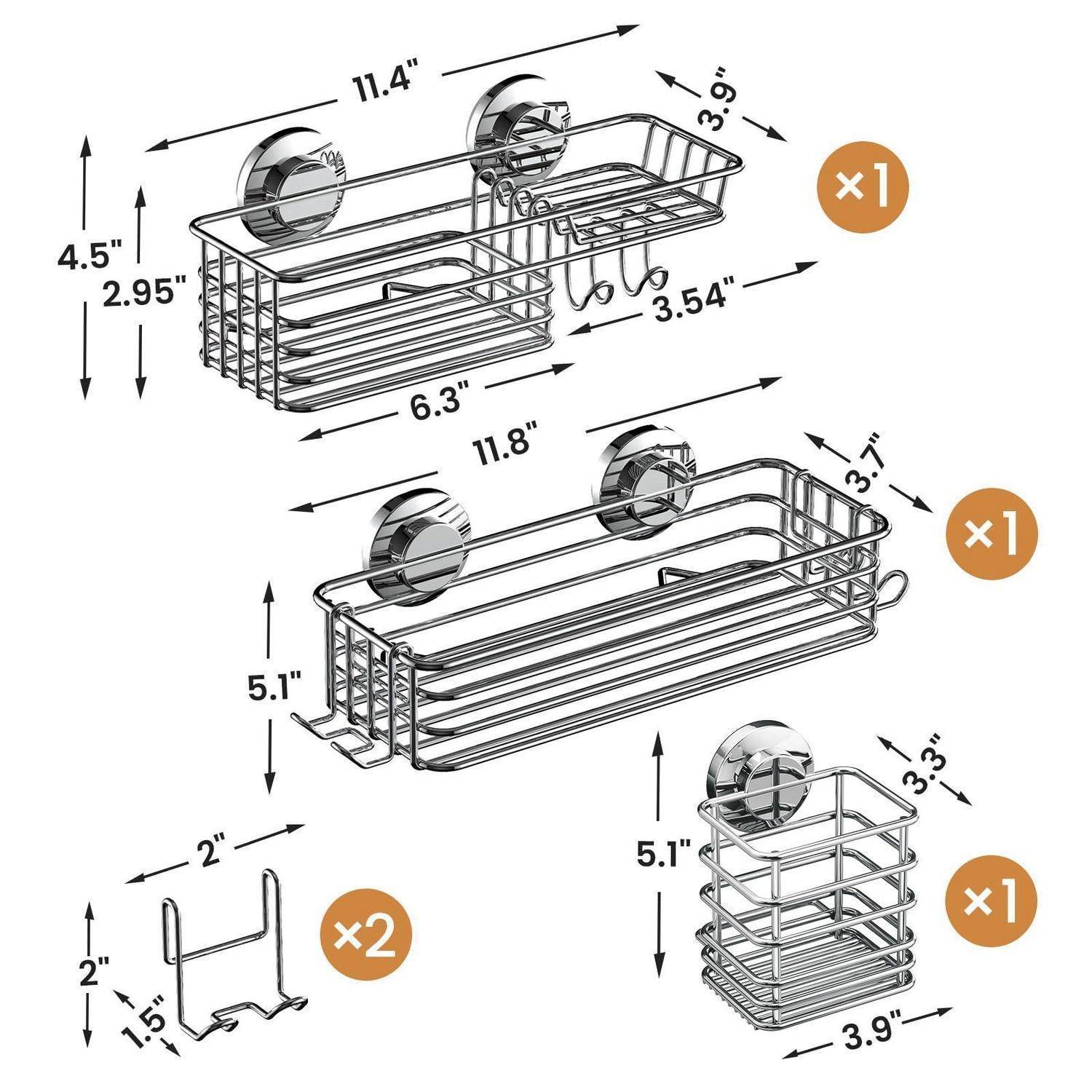 Diagramm von vier verchromten Saugnapf-Badorganizern mit Abmessungen: zwei Regale, ein Seifenhalter und zwei Haken, jeweils mit Mengenangaben und Größenmessungen gekennzeichnet.