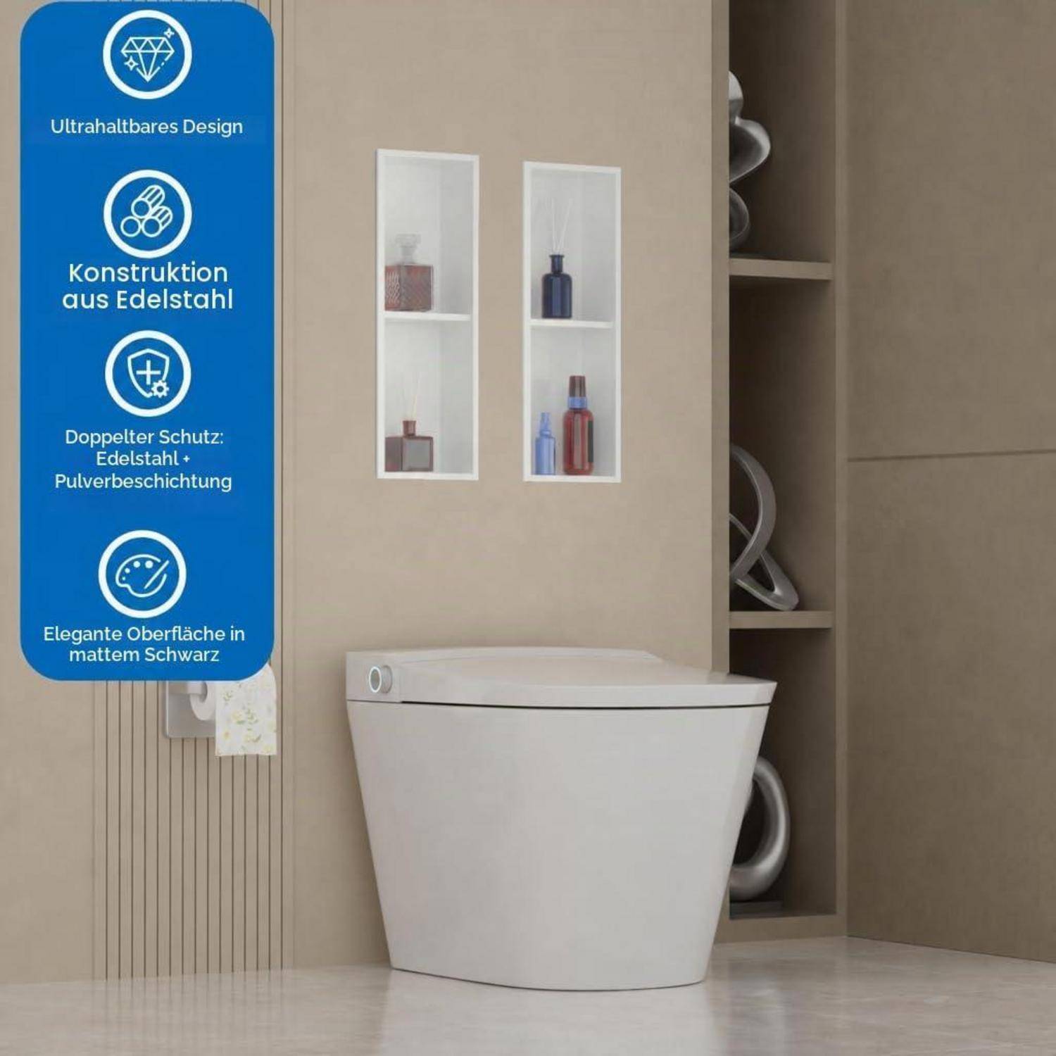 Moderne weiße Toilette in einem beigefarbenen Badezimmer, mit Wandnischen, die Flaschen halten; blaue Seitenleiste hebt Merkmale in Deutsch hervor: ultraschlankes Design, Edelstahl, doppelter Schutz, matter schwarzer Finish.