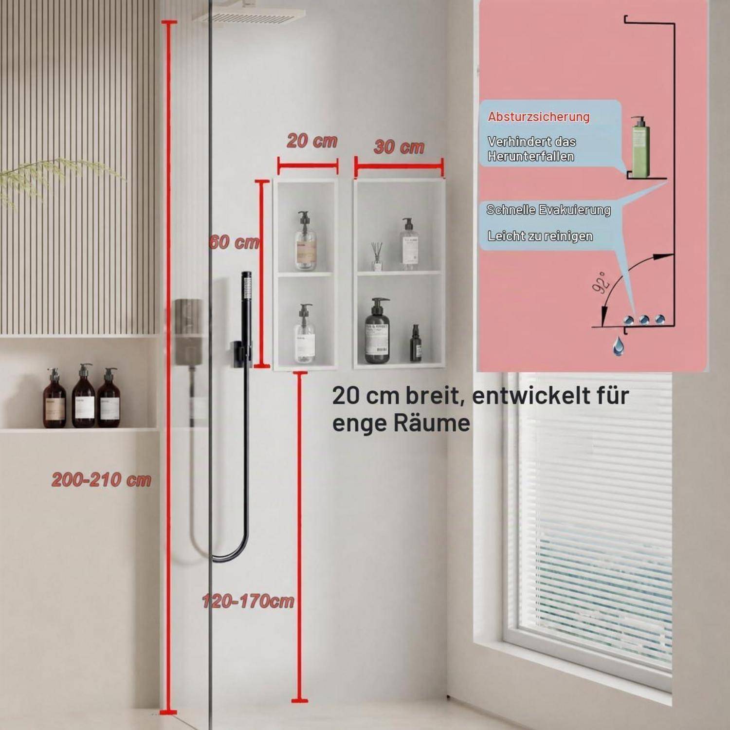 Badezimmerlagerung und Duscharmatur-Konzept mit einem 20 cm breiten, wandmontierten Organizer für enge Räume, mit Abmessungen, Regalgröße und Sicherheitsentwässerungsfunktionen gegen Herunterfallen.