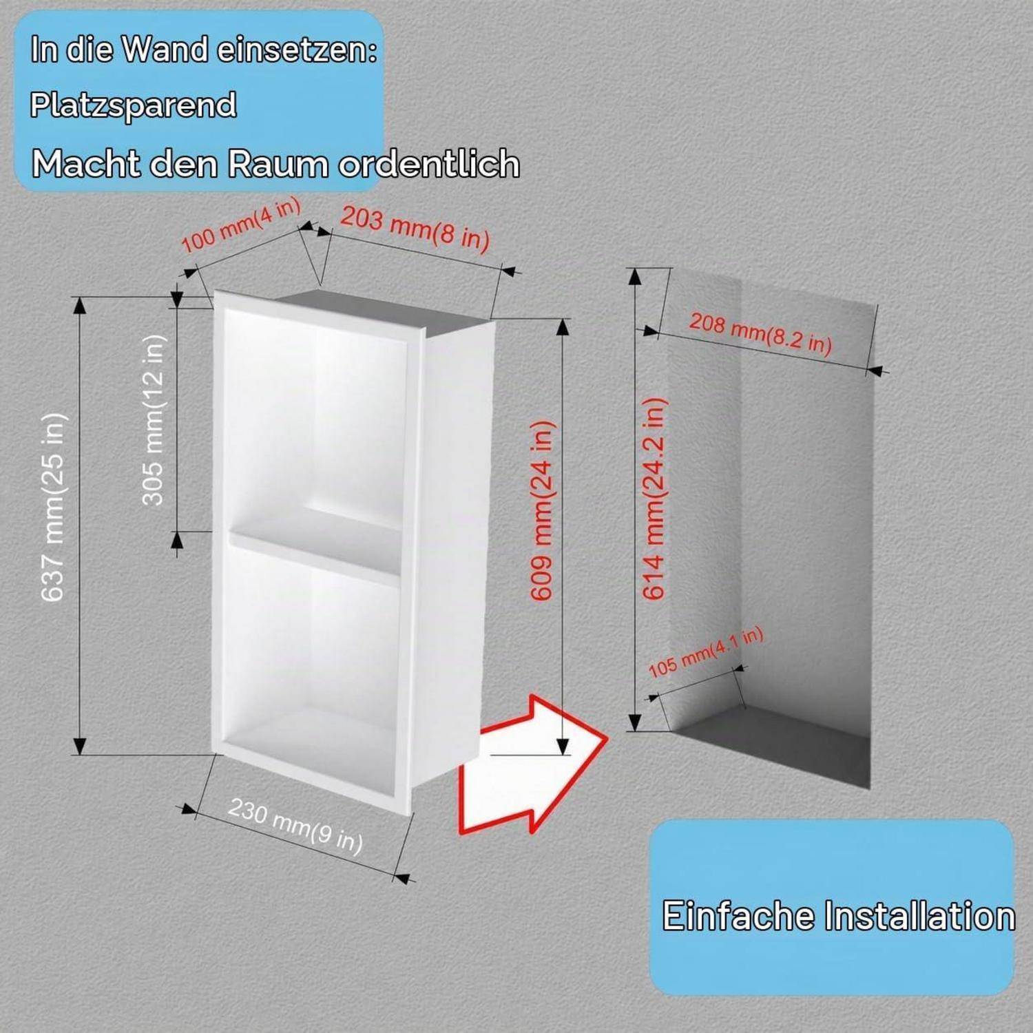# Diagramm eines Wandnischenschranks mit Einbauinstallation, mit Abmessungen und Notizen "Platzsparend"", ""Macht den Raum ordentlich"" und ""Einfache Installation"".
