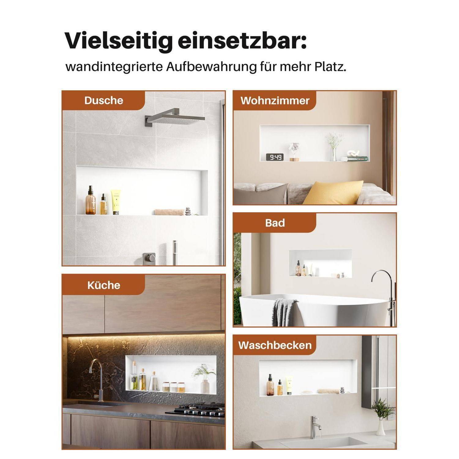 Werbekollage, die eine wandintegrierte Ablage in fünf Umgebungen zeigt: Dusche, Wohnzimmer, Badezimmer, Küche und Waschtisch.