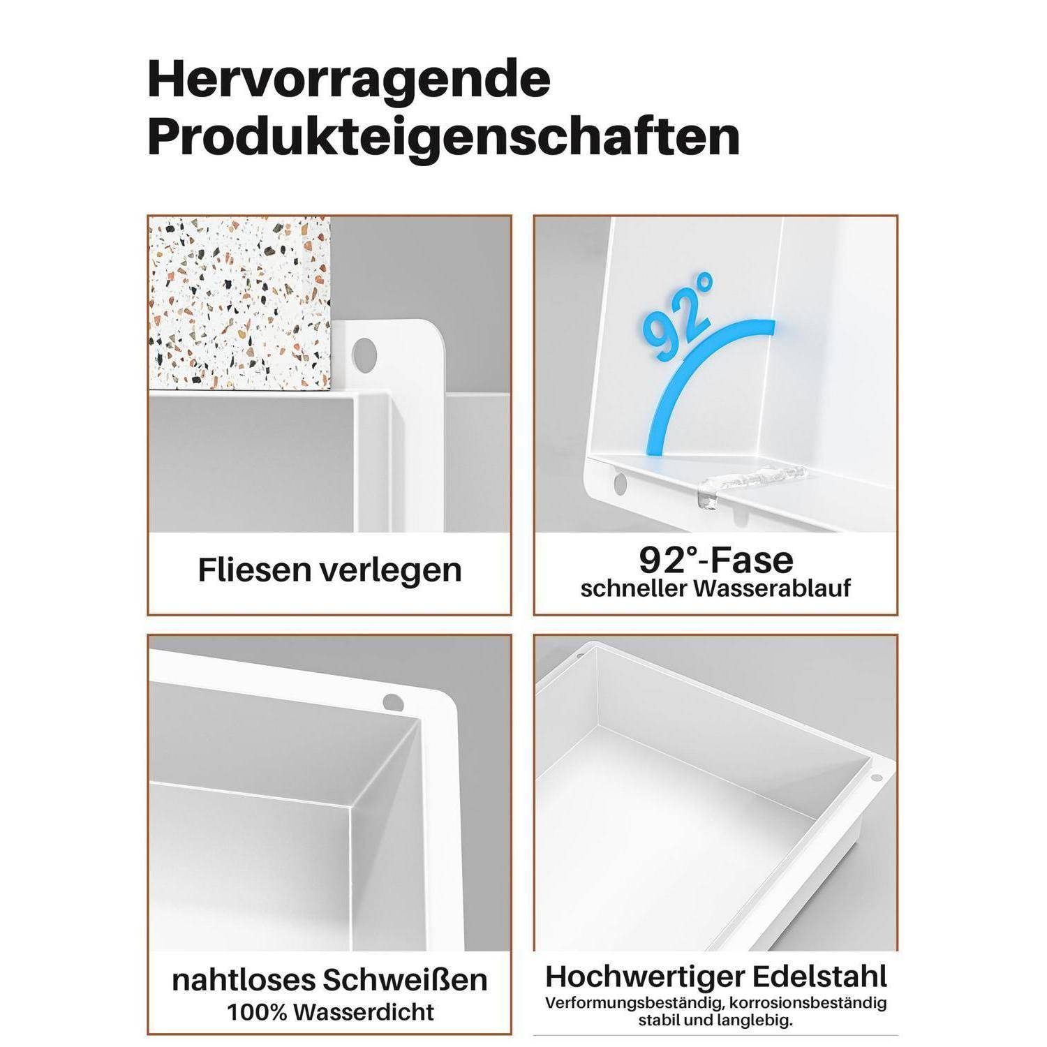 Infografik zu Produktmerkmalen: Fliesenverlegung, 92°-Kante für schnellere Wasserableitung, nahtlose Verschweißung und hochwertige Edelstahl mit Form- und Korrosionsbeständigkeit.