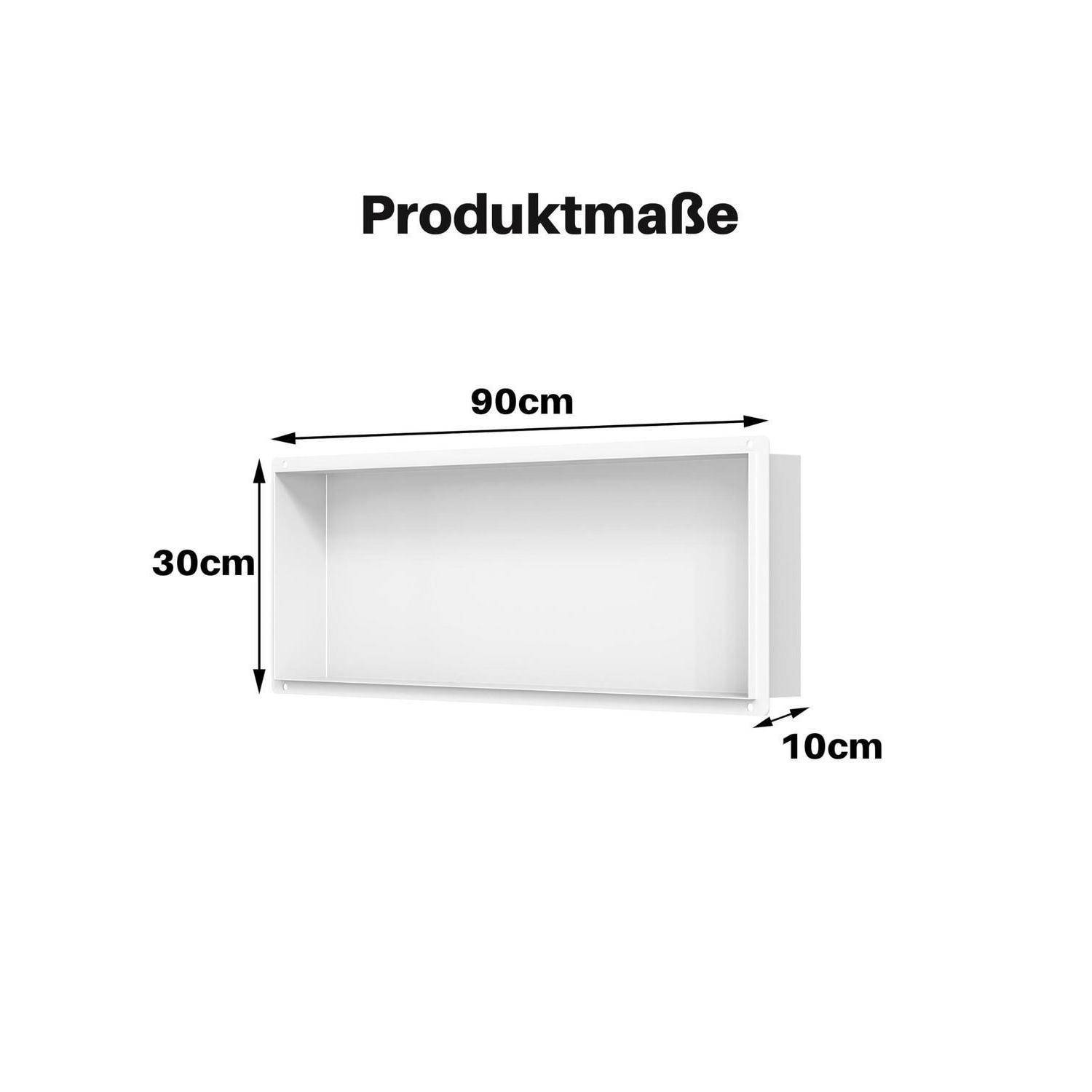 Diagramm mit dem Titel „Produktmaße" zeigt ein rechteckiges weißes Regal: 90 cm breit, 30 cm hoch, 10 cm tief.