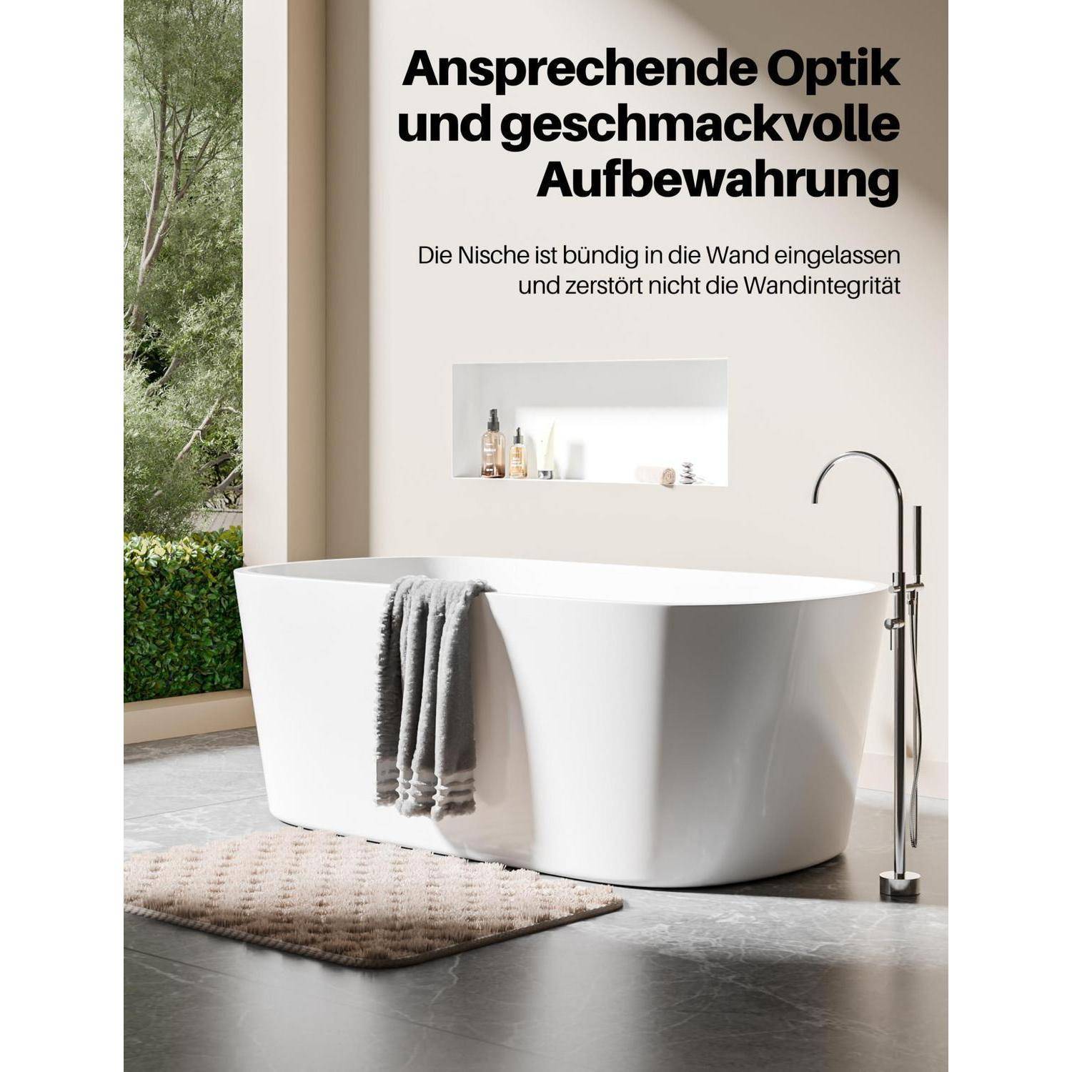 Modernes Badezimmer mit freistehender Badewanne und Wandnische. Deutscher Text sagt „Attraktiver Look und stilvoller Stauraum"; die Nische ist in die Wand eingelassen, ohne deren Integrität zu beeinträchtigen.