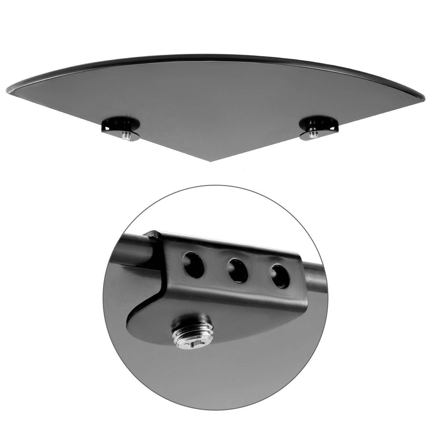 Schwarzes, geschwungenes, wandmontiertes Glasregal mit zwei Metallhalterungen; Ausschnitt zeigt Nahaufnahme einer Befestigungsschraubhalterung.