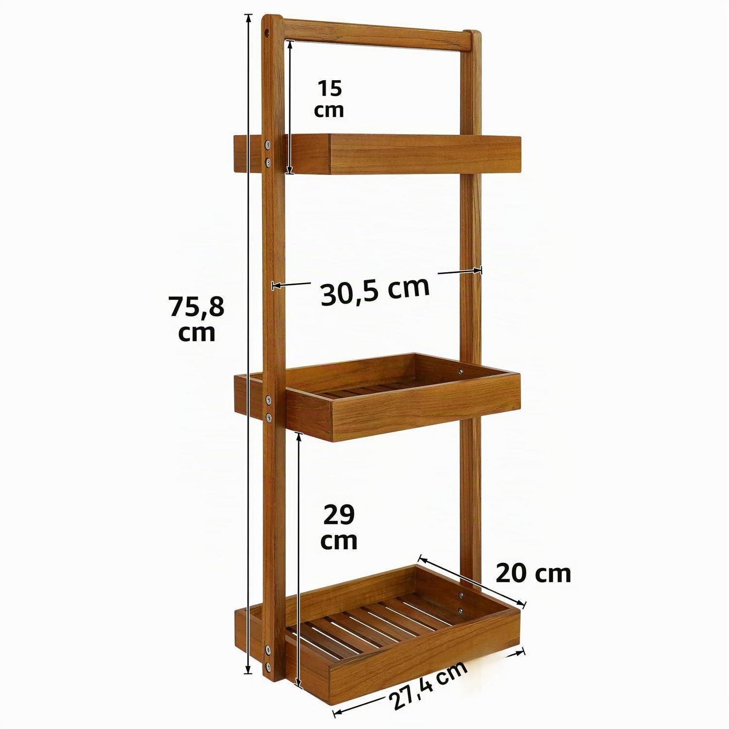 Holz-Regallösung mit drei Ebenen und beschrifteten Abmessungen: 75,8 cm Höhe, 30,5 cm Breite, 15 cm Tiefe des oberen Regals, 29 cm Höhe des mittleren Regals, 27,4 cm Breite des unteren Regals, 20 cm Tiefe.