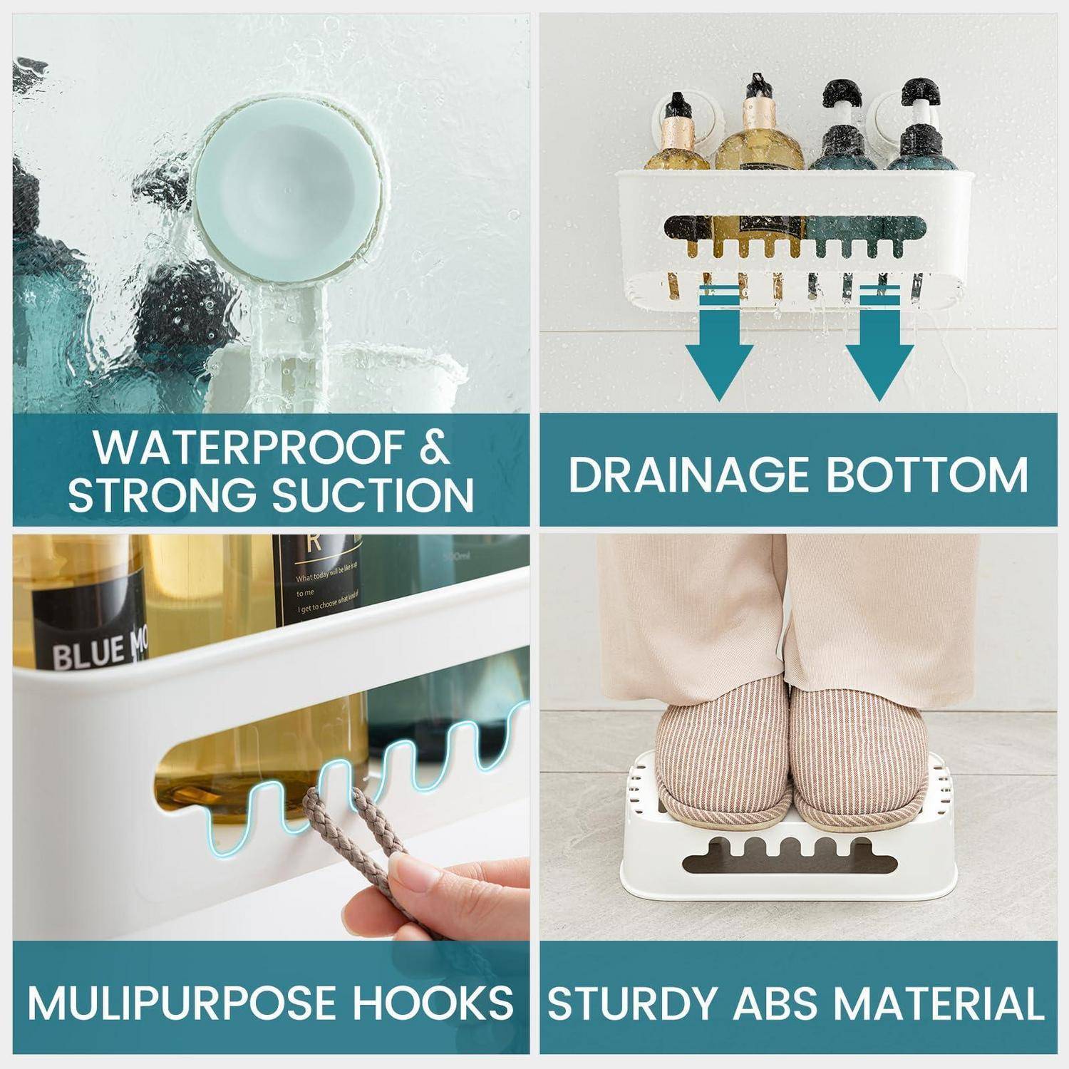 Vier-Panel-Badezimmeraccessoires-Anzeige mit an der Wand montiertem Regal mit Saugnapf, Entwässerungsboden, Mehrzweckhaken und robustem ABS-Material.