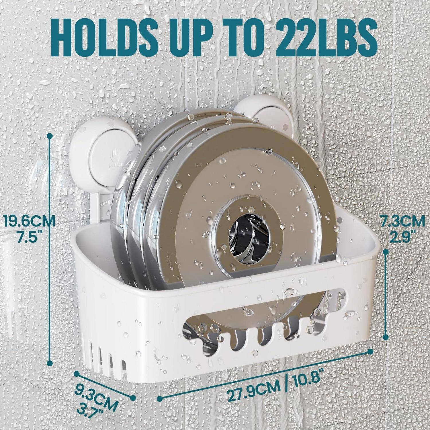 Duschablage mit mehreren Badaccessoires und Text mit der Angabe „TRÄGT BIS ZU 22 LBS" sowie Größenmessungen: 27,9 CM, 19,6 CM, 9,3 CM und 7,3 CM.