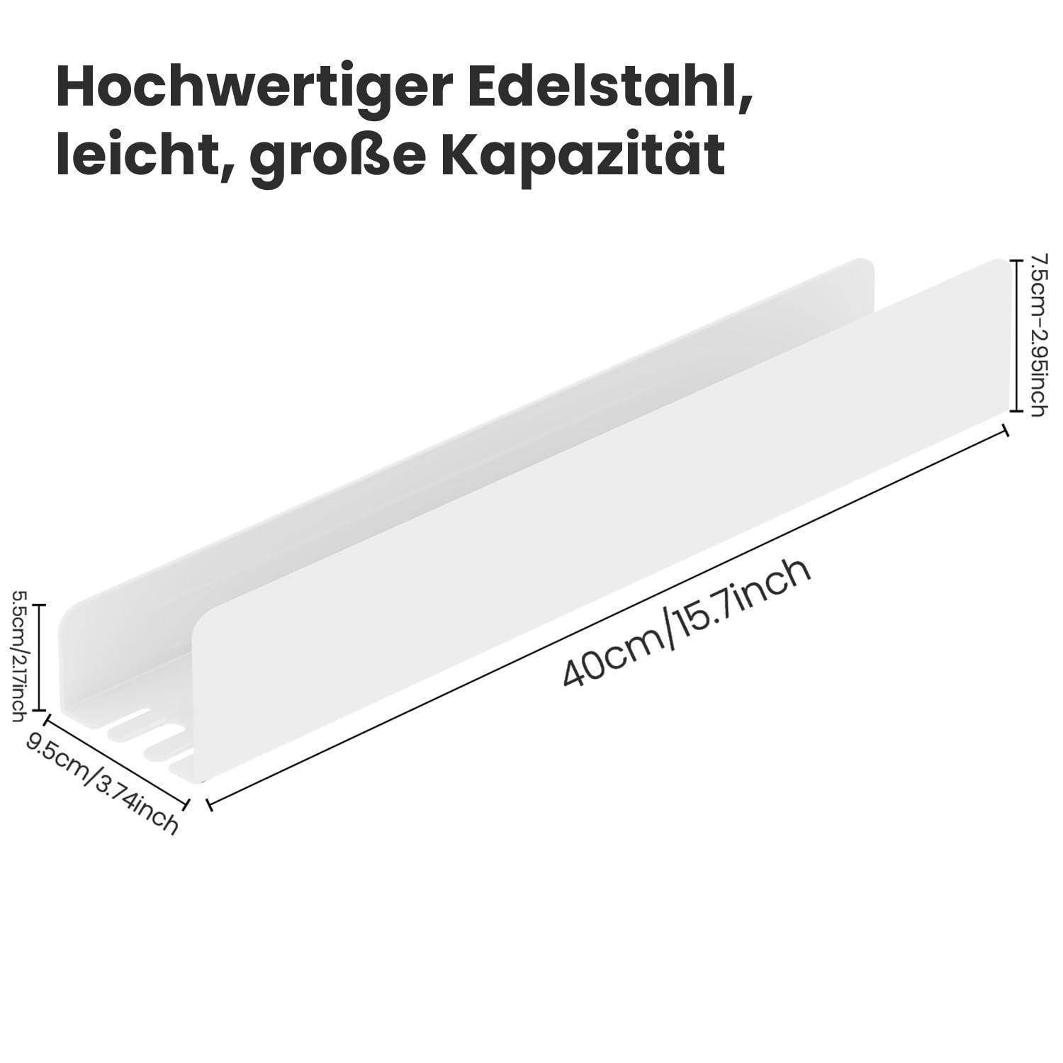 Produktbild eines Edelstahlbehälters/Teilers mit beschrifteten Abmessungen: 40 cm lang, 9,5 cm breit und 7,5 cm hoch; der Text lautet „Hochwertiger Edelstahl, leicht, große Kapazität".