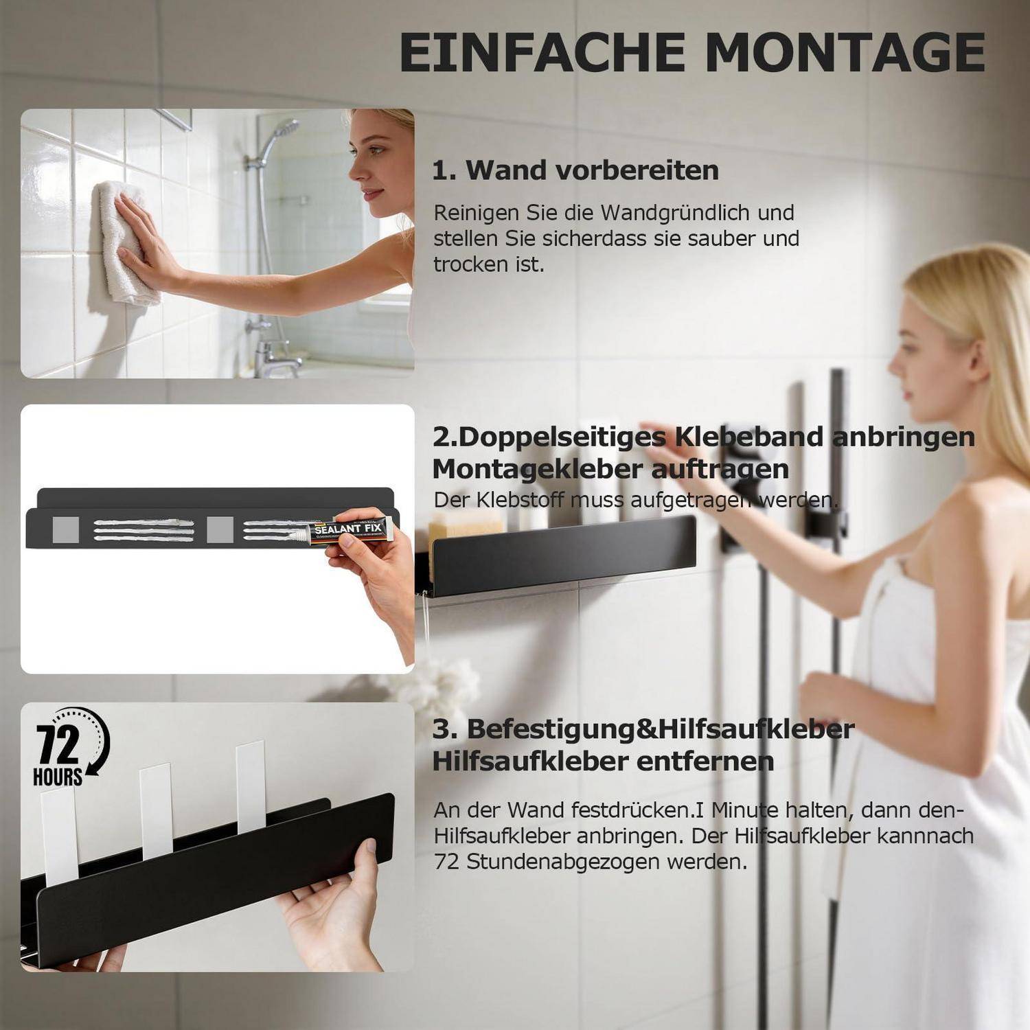 REKITA Duschablage ohne Bohren 40cm Edelstahl Weiß mit 4 Haken