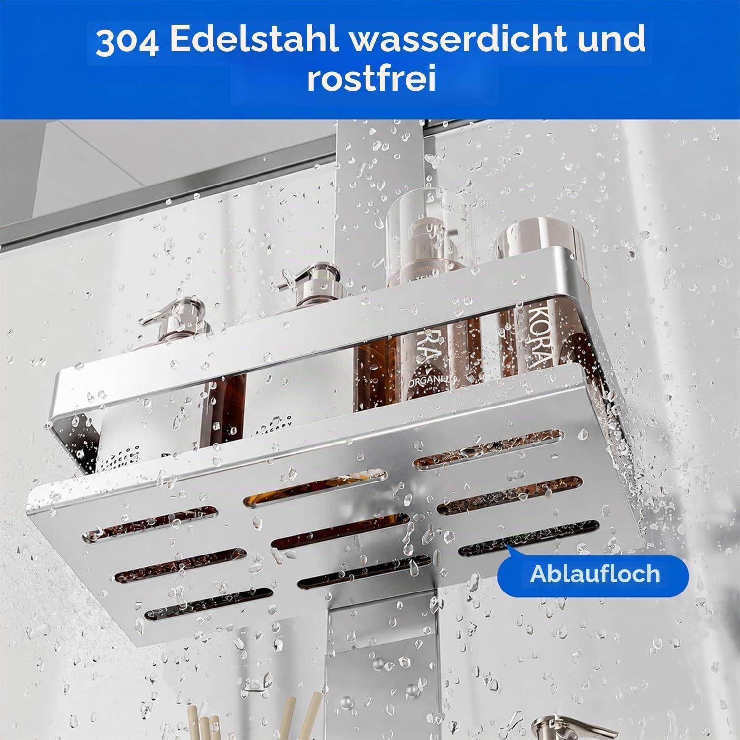 Edelstahlduschablage mit Ablaufloch, gekennzeichnet mit "304 Edelstahl wasserdicht und rostfrei"" und ""Ablaufloch"", gezeigt mit Wassertropfen.