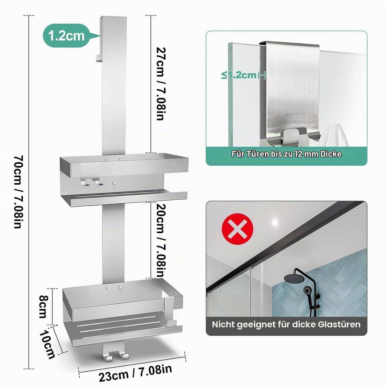 Diagramm eines Metall-Duschkabinen-Organizers mit Abmessungen und Hinweisen zur Montage: für Duschtüren bis 12 mm Dicke, nicht geeignet für dickere Glastüren.