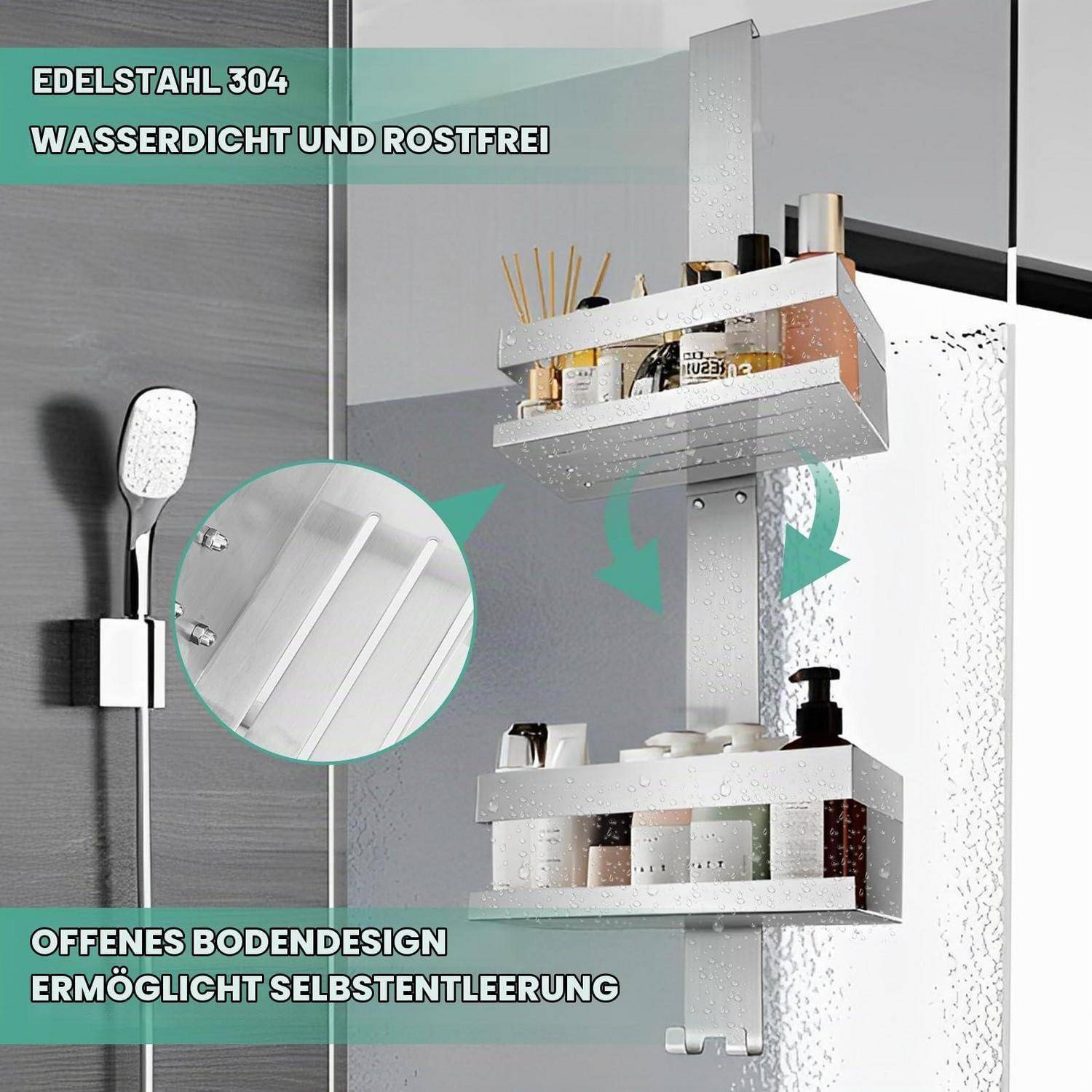 Duschkorb-Angebot mit Edelstahl 304 rostfrei, wasserdicht wandmontierte Regale mit offener Unterseite für Selbstablauf; enthält eine Duschbürste und Toilettenartikel.