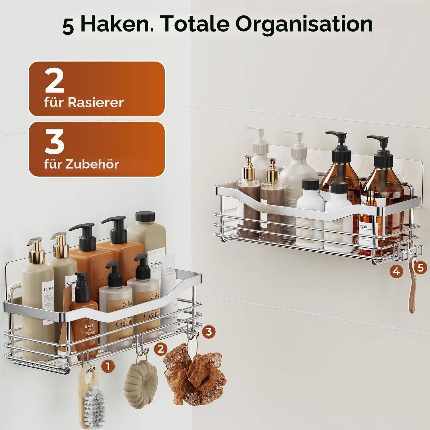 Badezimmer-Wandorganizer mit zwei Chromkörben und Haken, gekennzeichnet für 2 Rasierer und 3 Zubehörteile, zum Halten von Flaschen und Toilettenartikeln.