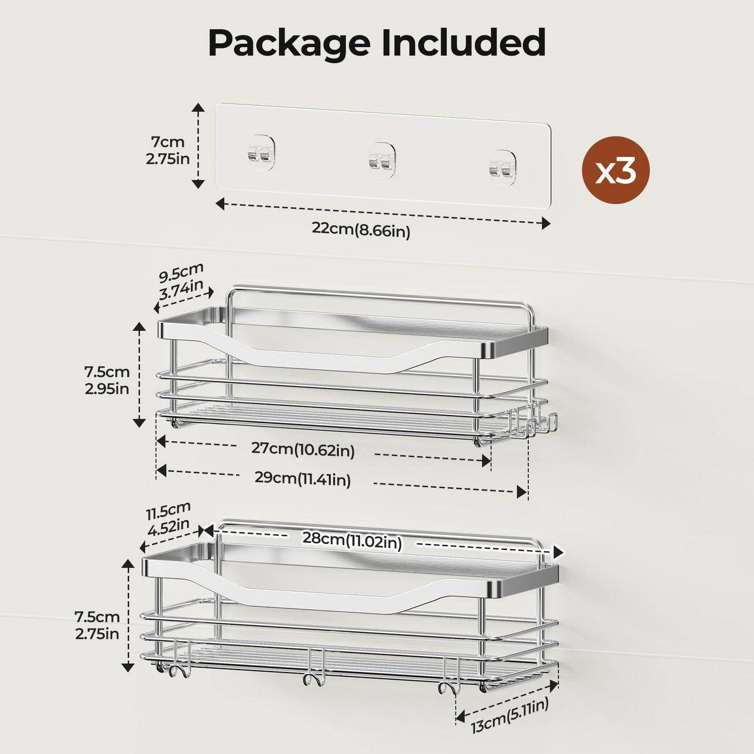 Paket enthält Diagramm zeigt drei selbstklebende Wandhalterungen und zwei Drahtkorbbefestigungen mit Abmessungen in Zentimetern und Zoll.