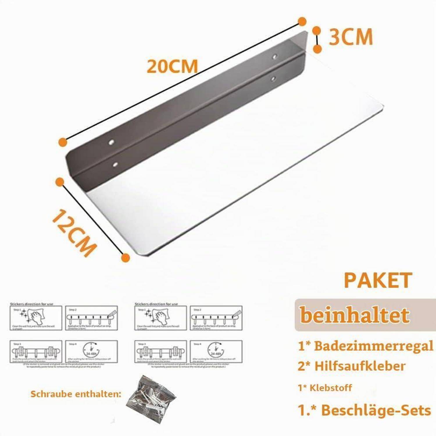Produktbild eines 20 cm x 12 cm großen Badezimmerregals, 3 cm hoch, mit deutscher Textauflistung der enthaltenen Teile: 1 Badezimmerregal, 2 Hilfsklebsticker, 1 Klebstoff und 1 Beschlagsatz.