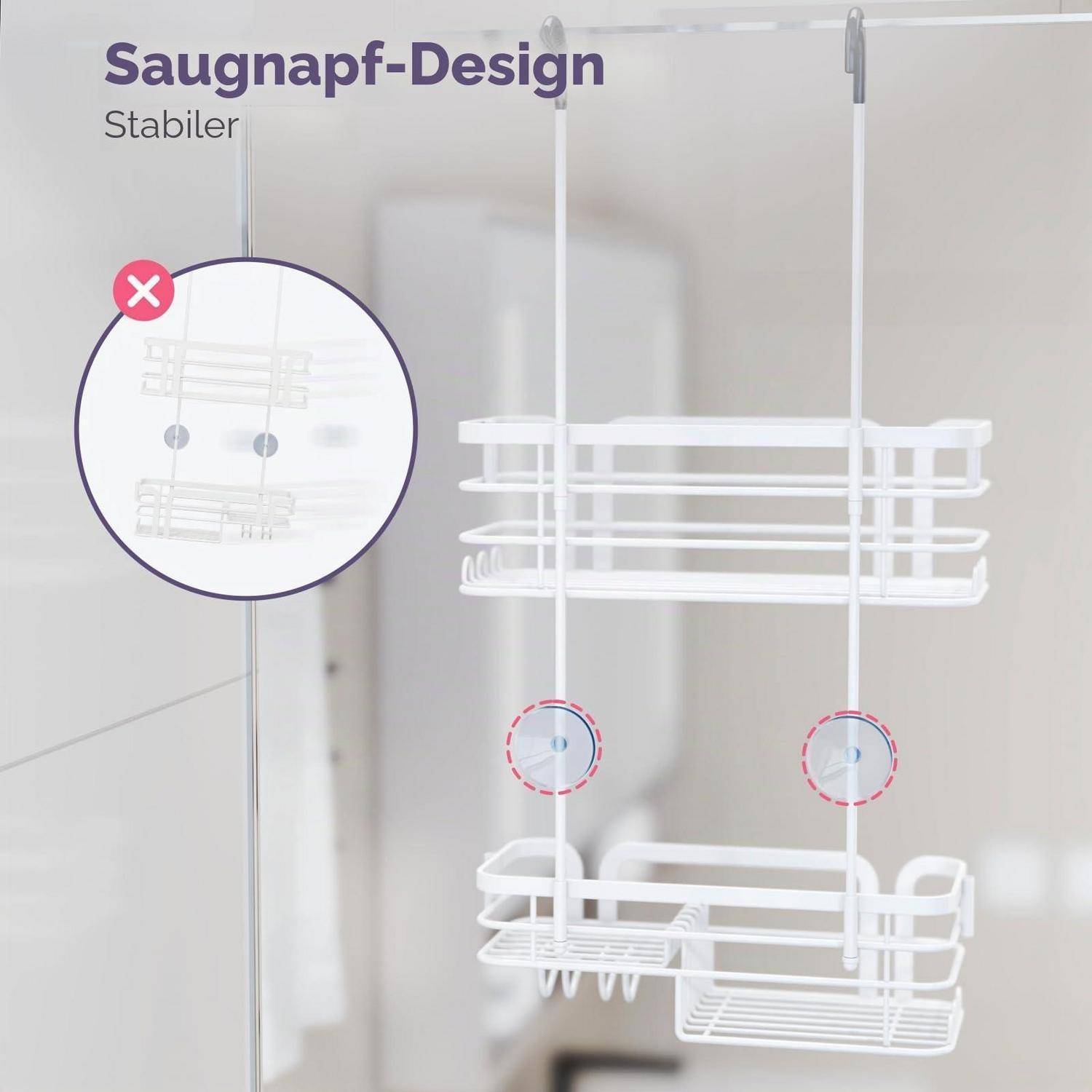 Weißes hängendes Badezimmerregal mit Saugnapf-Design, beschriftet mit „Saugnapf-Design" und „Stabil"", das einen stabil montierten Aufbewahrungskorb zeigt.