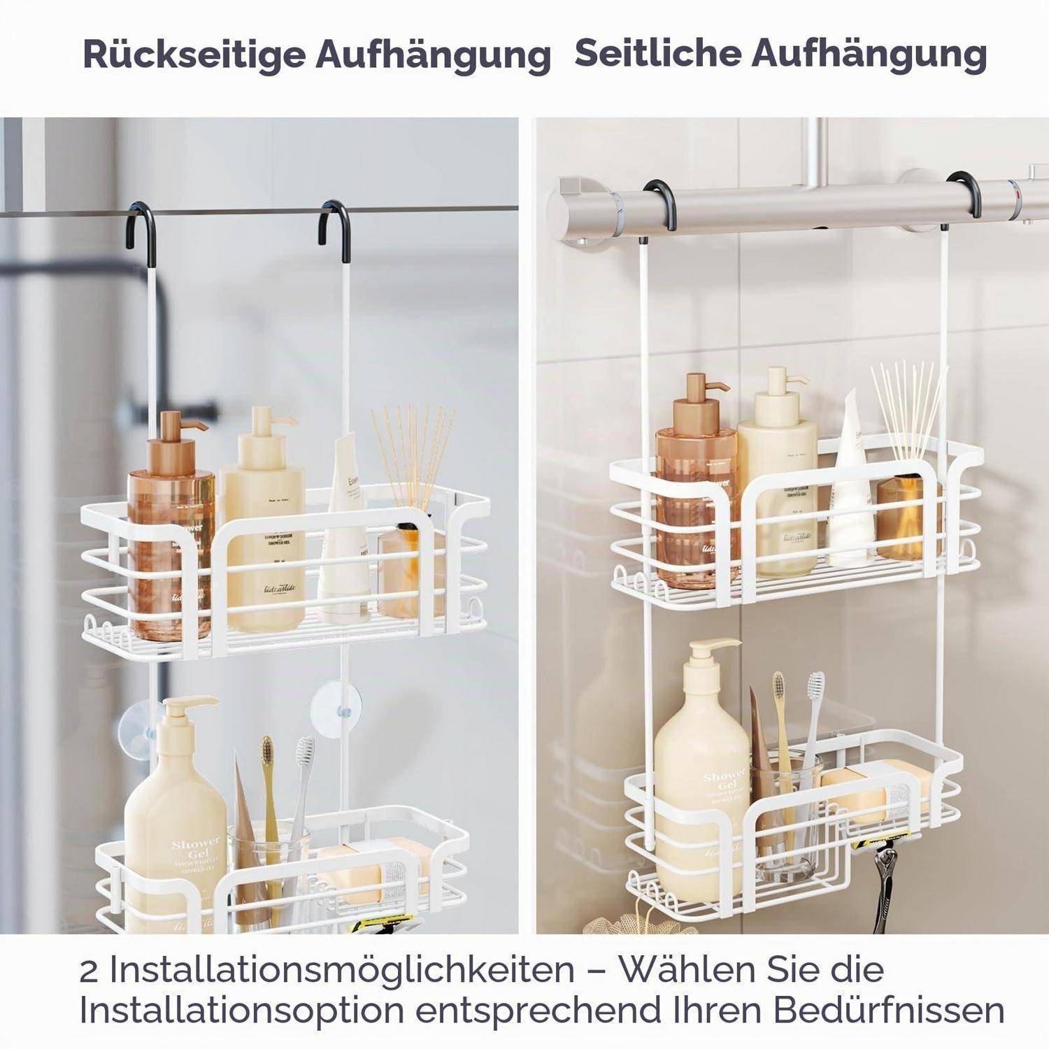 Weiße hängende Duschablage, dargestellt in zwei Installationsmöglichkeiten: hintere Montage und seitliche Montage, mit Flaschen und Toilettenartikeln gefüllt.