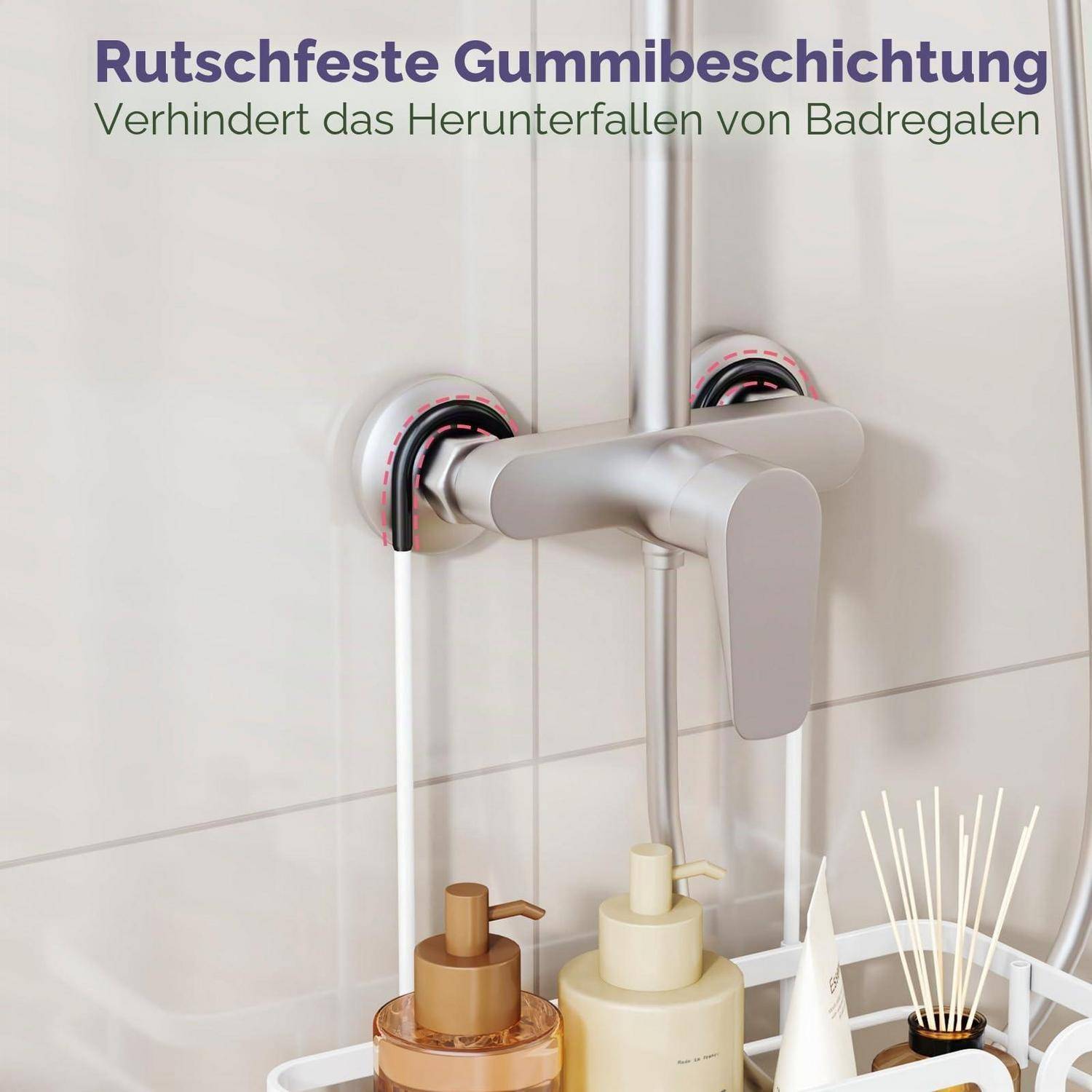 Duschablage mit Saugnäpfen und einer Handstange, montiert auf einer gefliesten Wand; deutscher Text besagt „Rutschfeste Gummibeschichtung" und „Verhindert das Herunterfallen von Badregalen"".