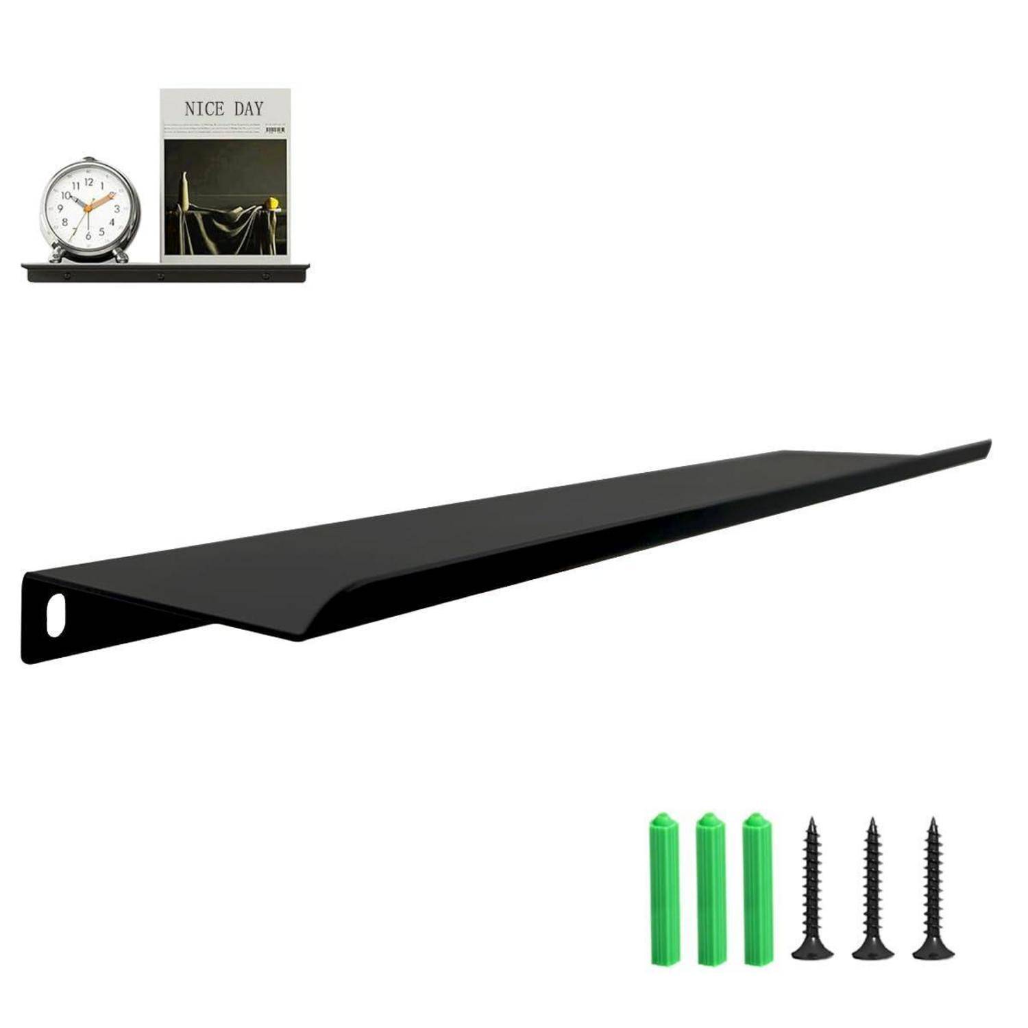 Schwarze hängende Regalbrackets mit Wandverankerungslöchern und mitgelieferten Schrauben und grünen Wanddübeln; die Vergrößerung zeigt ein montiertes Regal, das eine Uhr und eine Zeitschrift hält.