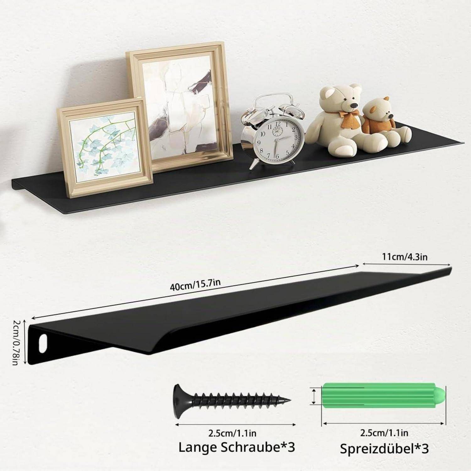 An der Wand montiertes schwarzes schwebendes Regal, das Rahmenkunst, einen Wecker und Teddybären hält, mit unten angezeigten Abmessungen und Schraub-/Ankerhardware.