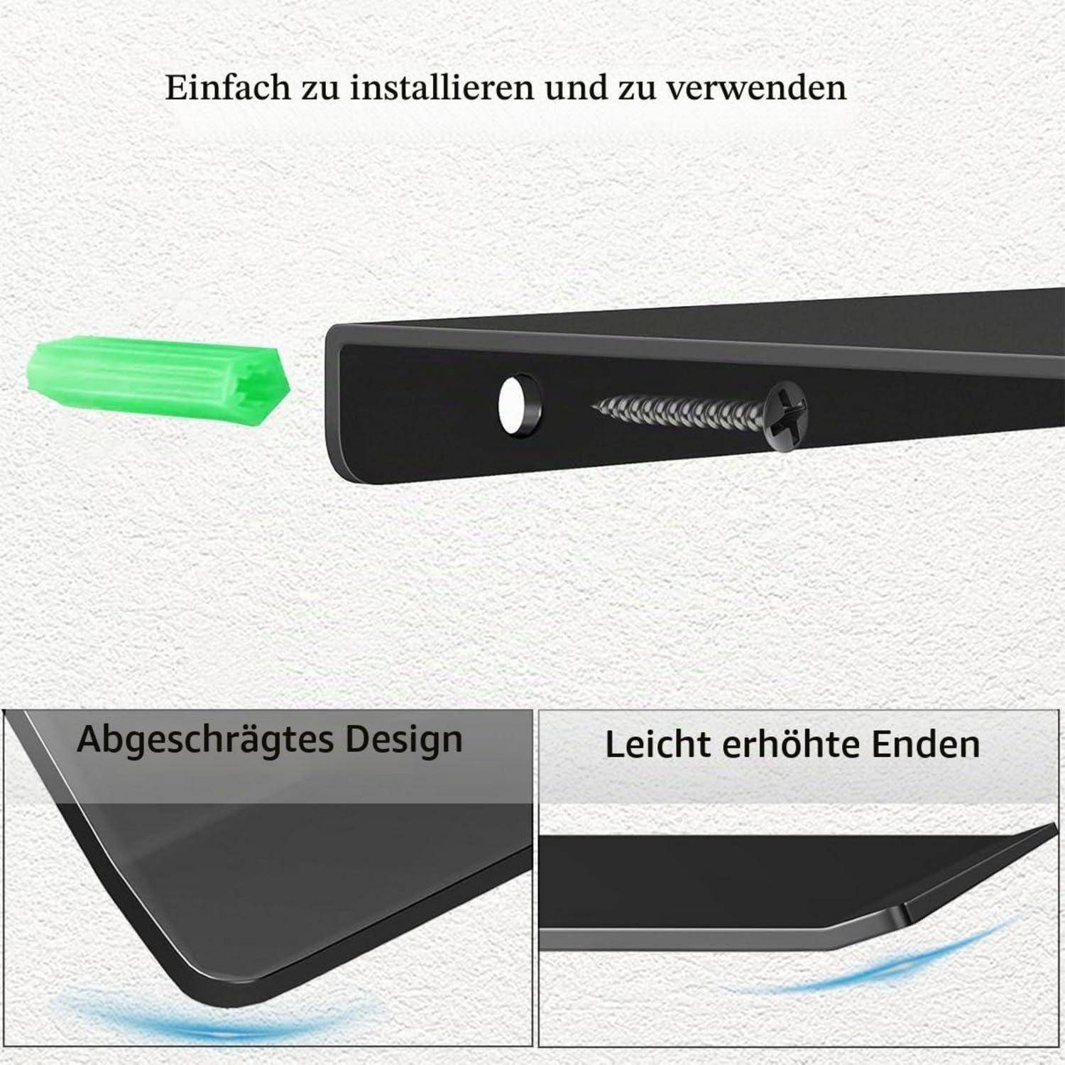 Produktgrafik, die eine leicht zu installierende schwarze Wandschiene mit Schraube und grünem Wandanker zeigt; eingeblendete Beschriftungen heben das abgewinkelte Design und die erhöhten Enden hervor.