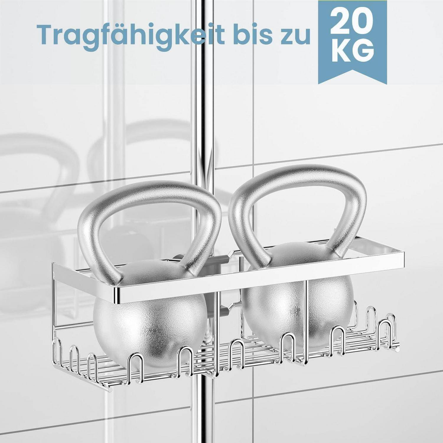 Chromkorb mit zwei Kettlebells; Etikett zeigt „20 KG" und „Tragfähigkeit bis zu"" und deutet auf eine Tragfähigkeit bis zu 20 kg hin.